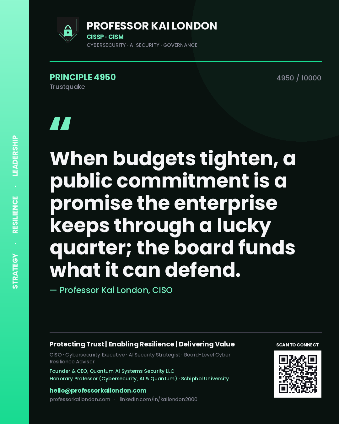 Professor Kai London principle 4950: When budgets tighten, a public commitment is a promise the enterprise keeps through a lucky quarter; the board funds what it can defend.