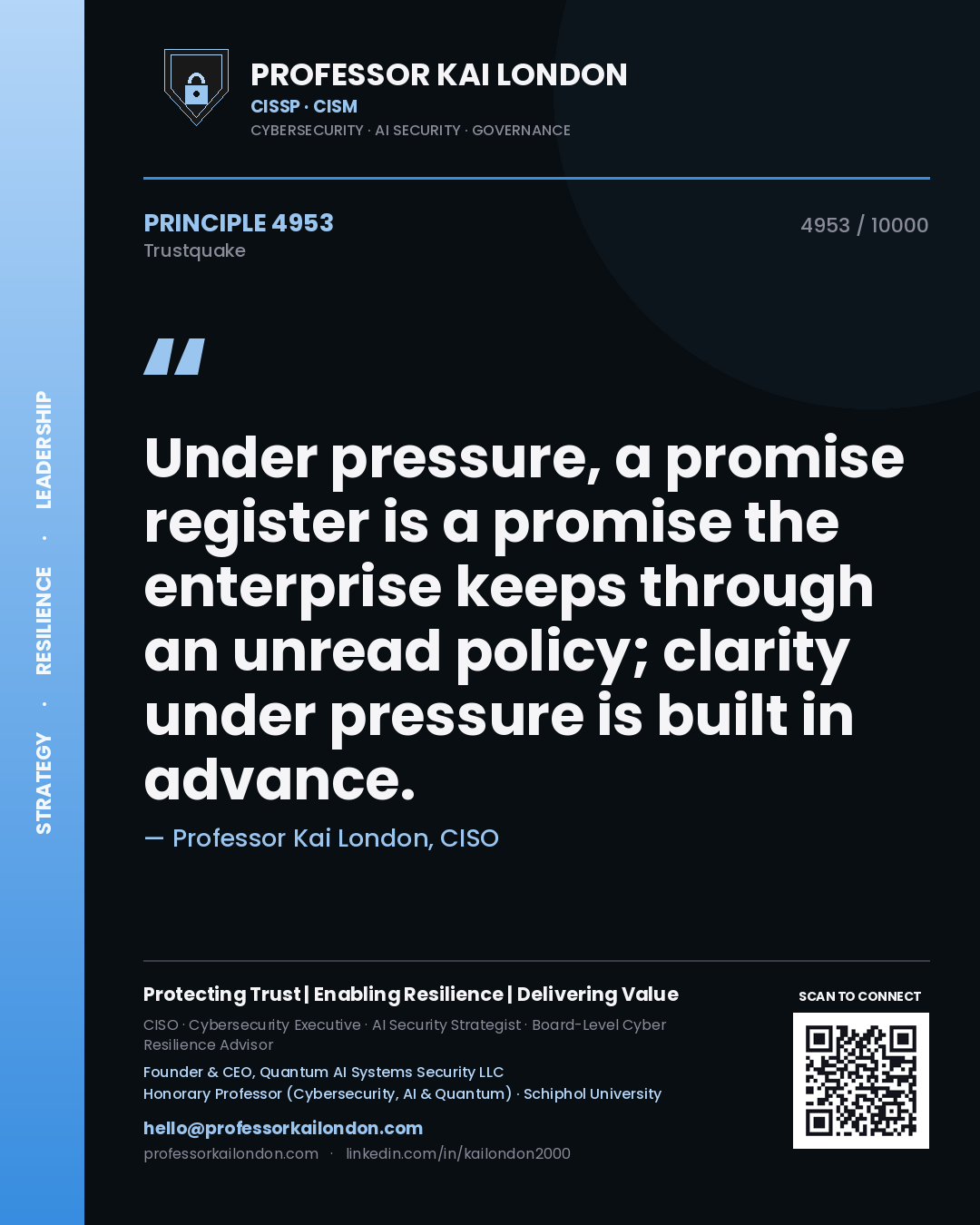 Professor Kai London principle 4953: Under pressure, a promise register is a promise the enterprise keeps through an unread policy; clarity under pressure is built in advance.