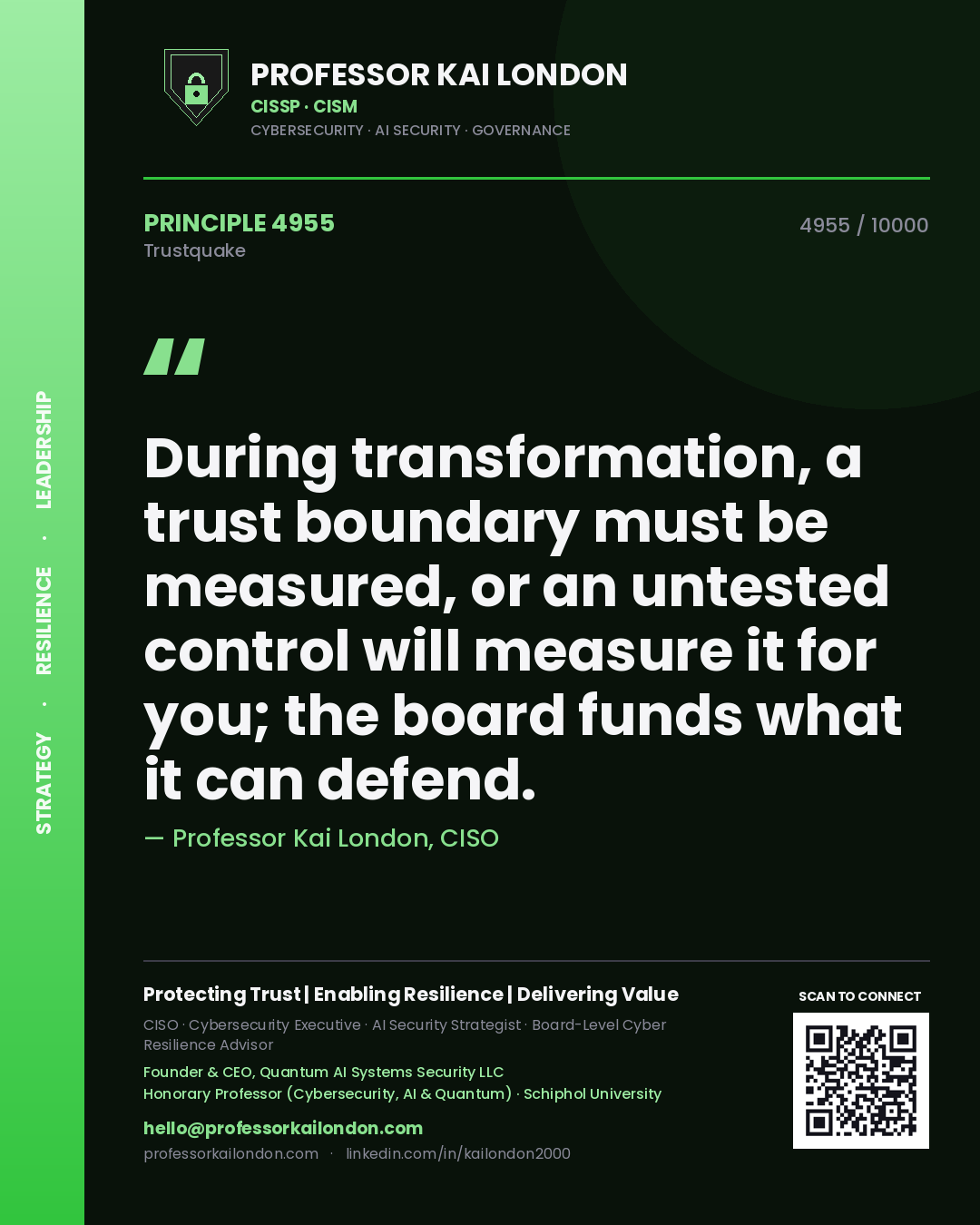 Professor Kai London principle 4955: During transformation, a trust boundary must be measured, or an untested control will measure it for you; the board funds what it can defend.