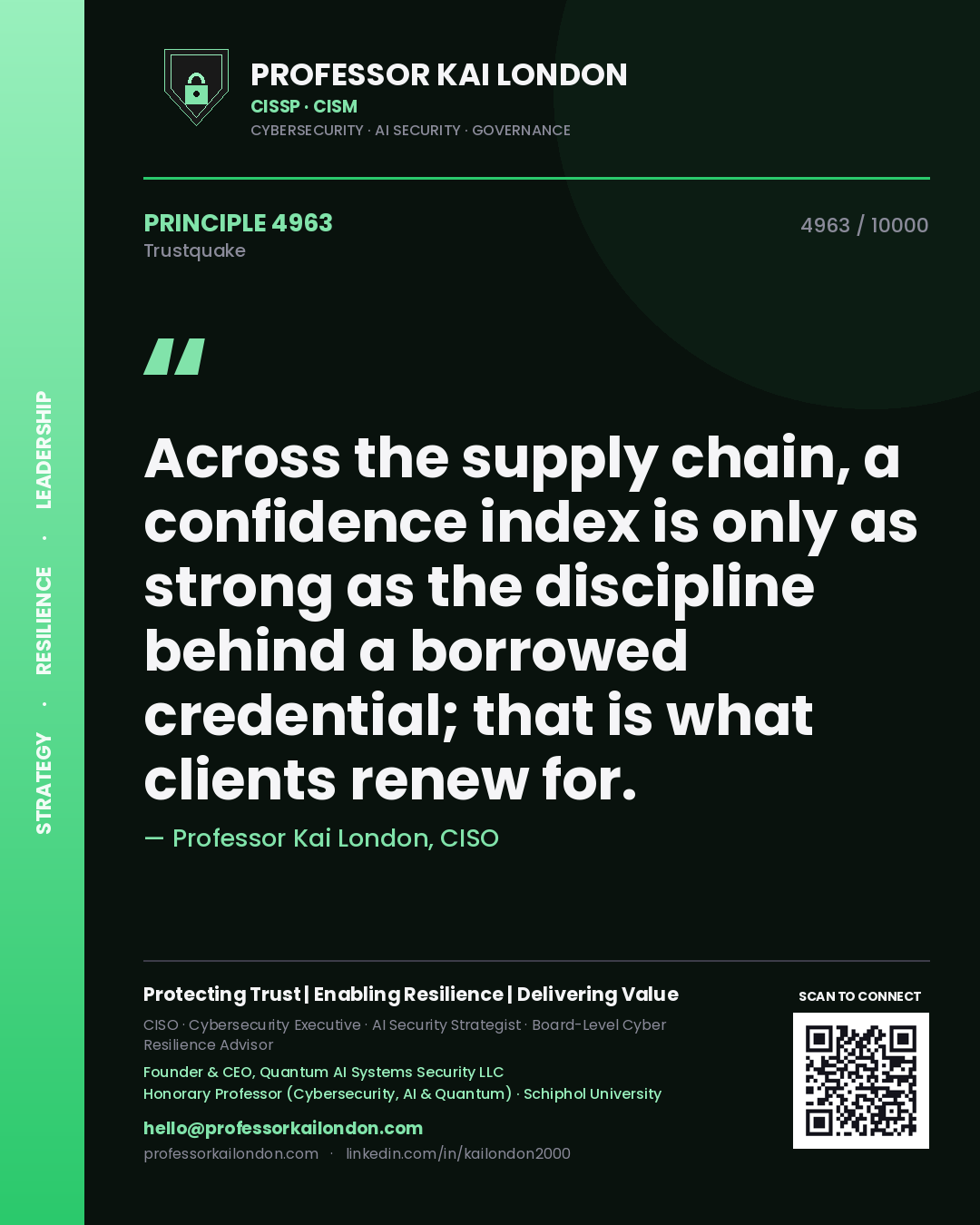 Quote card by Professor Kai London reading 'Across the supply chain, a confidence index is only as strong as the discipline behind a borrowed credential; that is what clients renew for.'. From the book Trustquake.