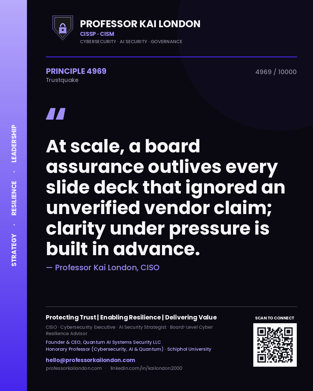 Professor Kai London principle 4969: At scale, a board assurance outlives every slide deck that ignored an unverified vendor claim; clarity under pressure is built in advance.