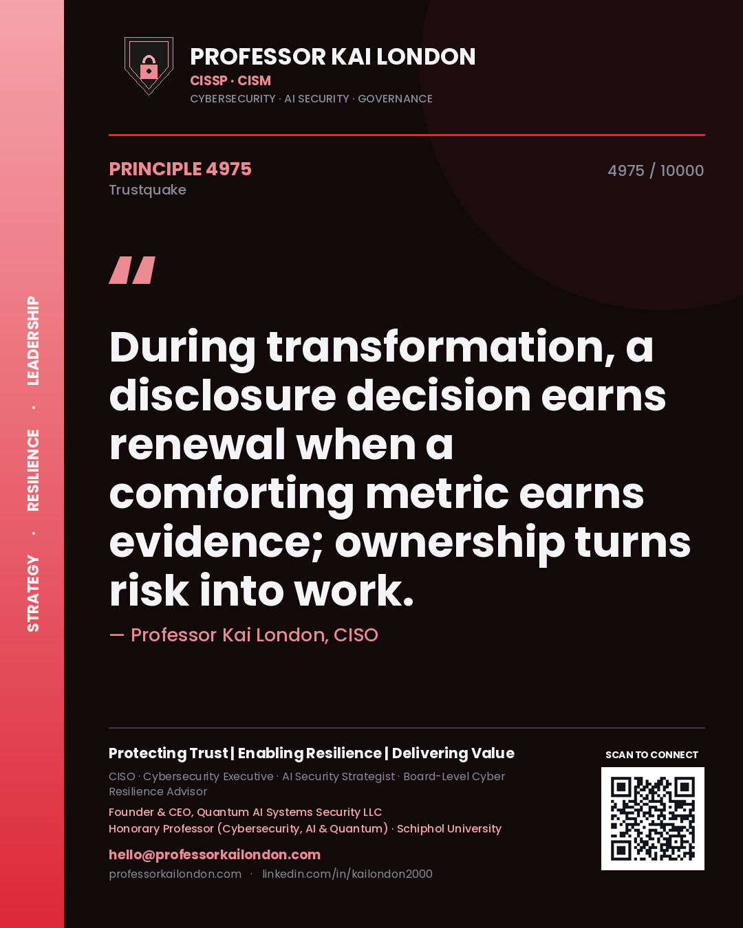 Professor Kai London principle 4975: During transformation, a disclosure decision earns renewal when a comforting metric earns evidence; ownership turns risk into work.