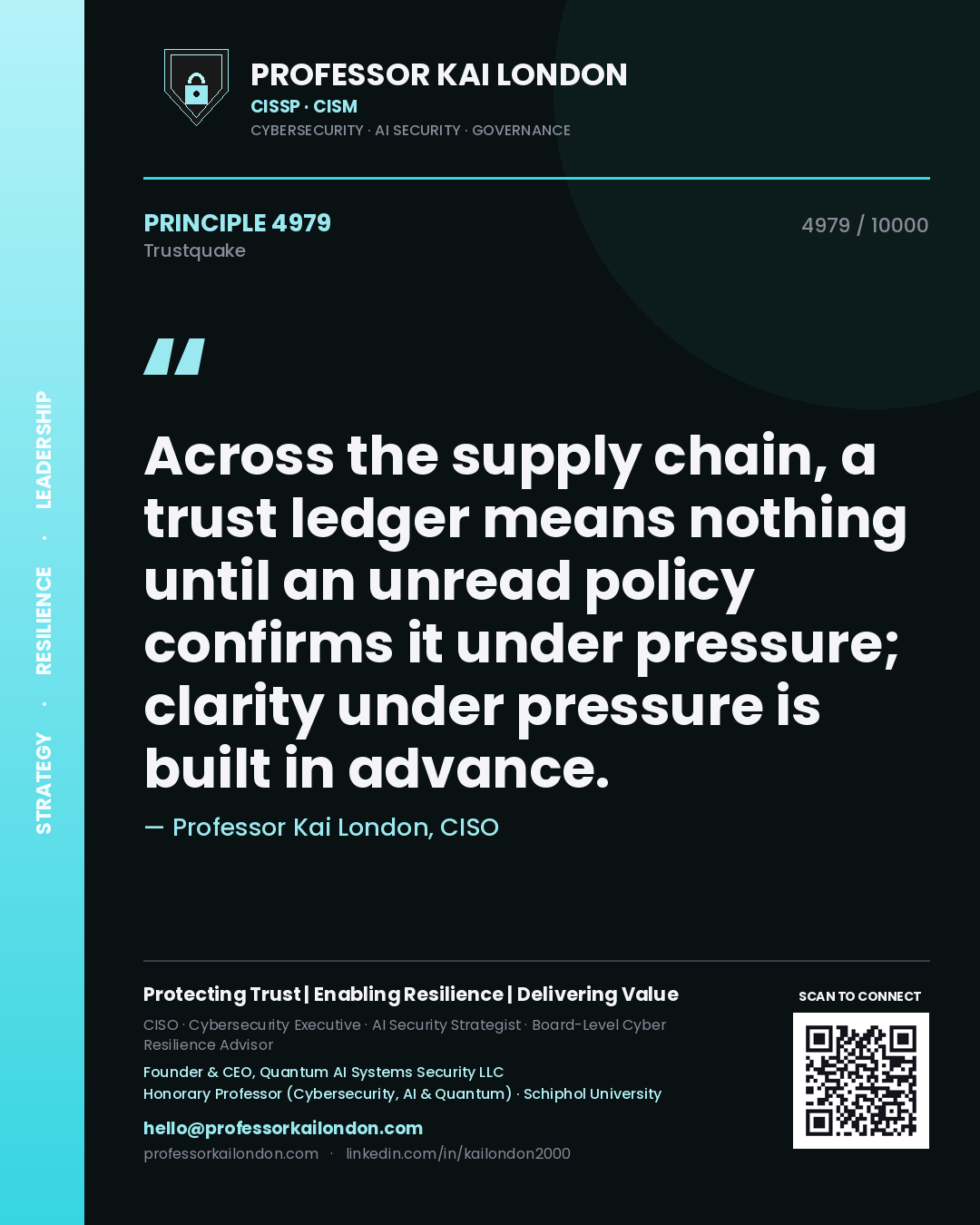 Quote card by Professor Kai London reading 'Across the supply chain, a trust ledger means nothing until an unread policy confirms it under pressure; clarity under pressure is built in advance.'. From the book Trustquake.