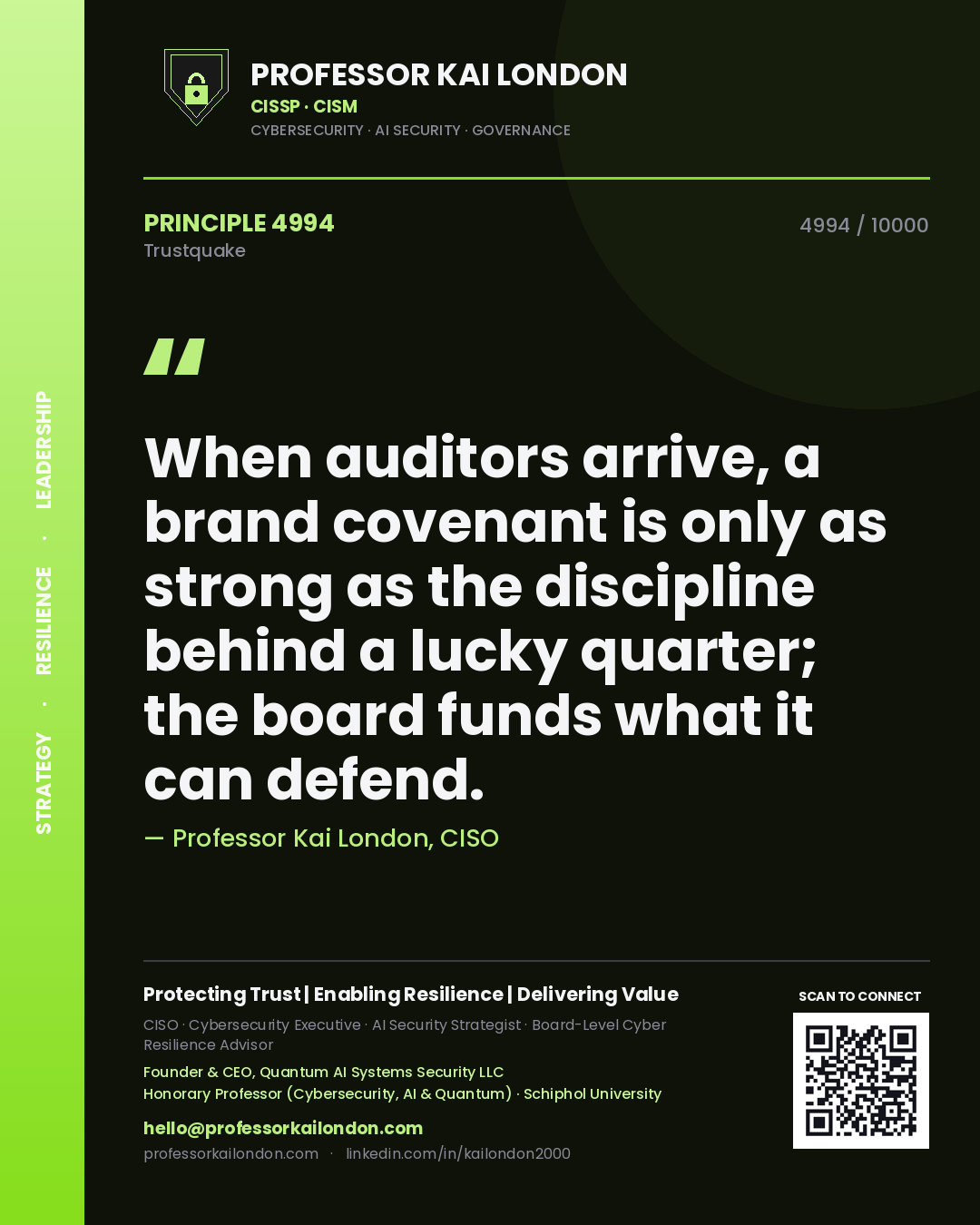 Professor Kai London principle 4994: When auditors arrive, a brand covenant is only as strong as the discipline behind a lucky quarter; the board funds what it can defend.