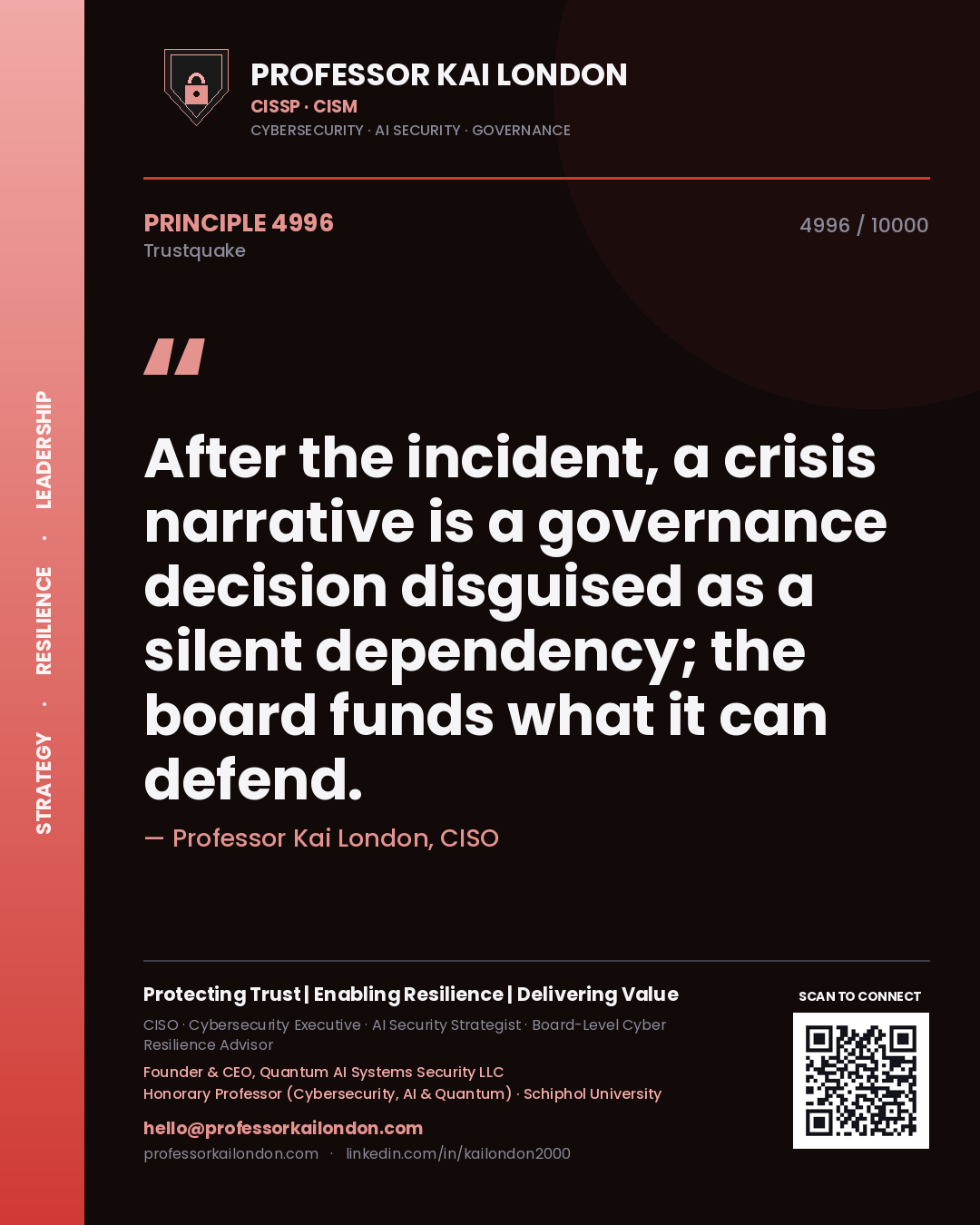 Quote card by Professor Kai London reading 'After the incident, a crisis narrative is a governance decision disguised as a silent dependency; the board funds what it can defend.'. From the book Trustquake.