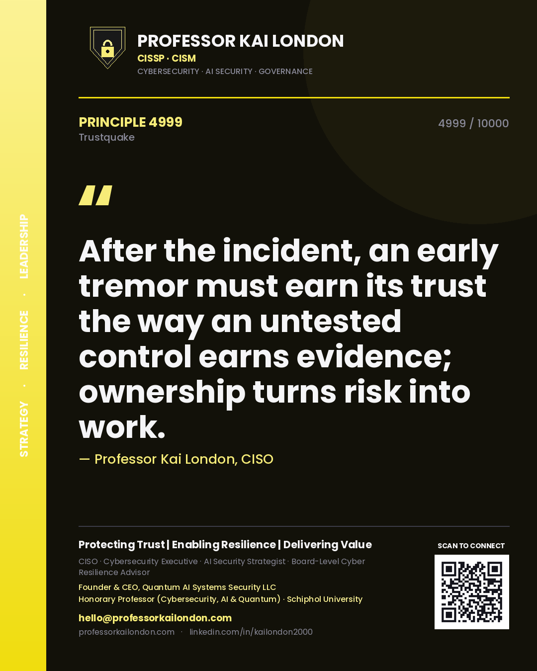 Professor Kai London principle 4999: After the incident, an early tremor must earn its trust the way an untested control earns evidence; ownership turns risk into work.