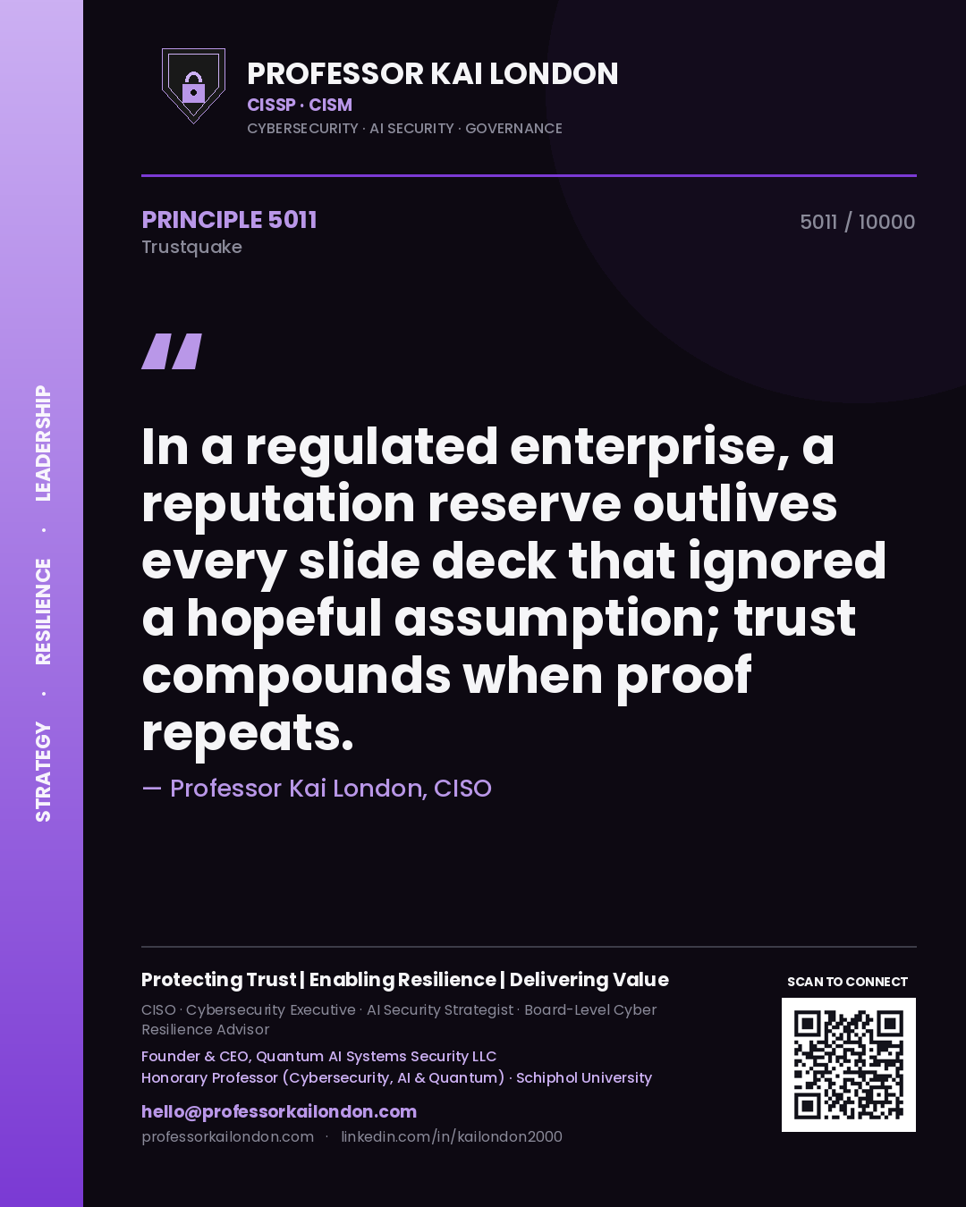 Quote card by Professor Kai London reading 'In a regulated enterprise, a reputation reserve outlives every slide deck that ignored a hopeful assumption; trust compounds when proof repeats.'. From the book Trustquake.