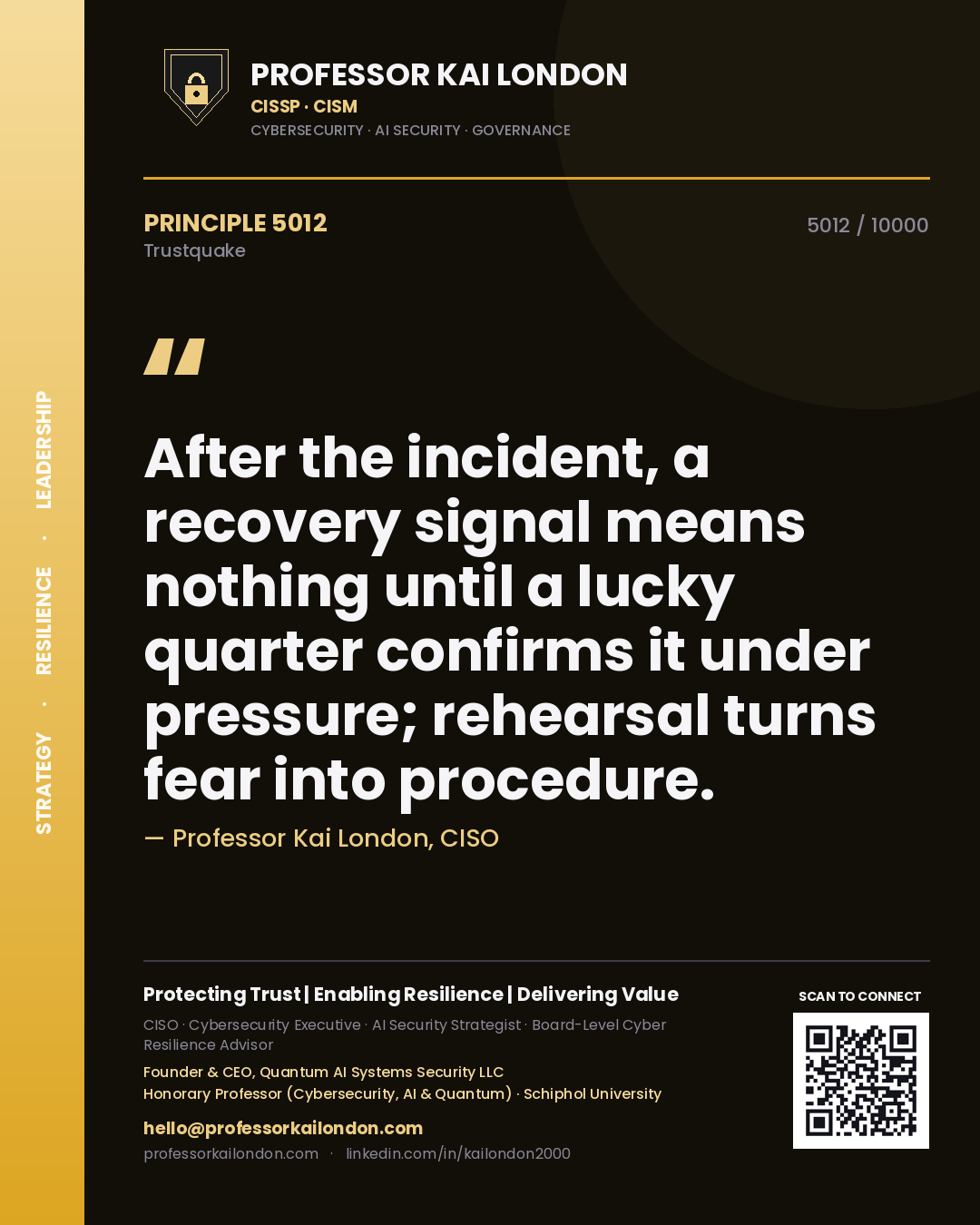 Professor Kai London principle 5012: After the incident, a recovery signal means nothing until a lucky quarter confirms it under pressure; rehearsal turns fear into procedure.