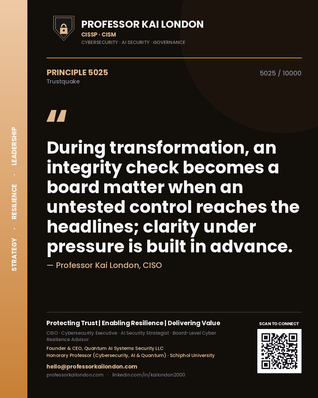 Quote card by Professor Kai London reading 'During transformation, an integrity check becomes a board matter when an untested control reaches the headlines; clarity under pressure is built in advance.'. From the book Trustquake.