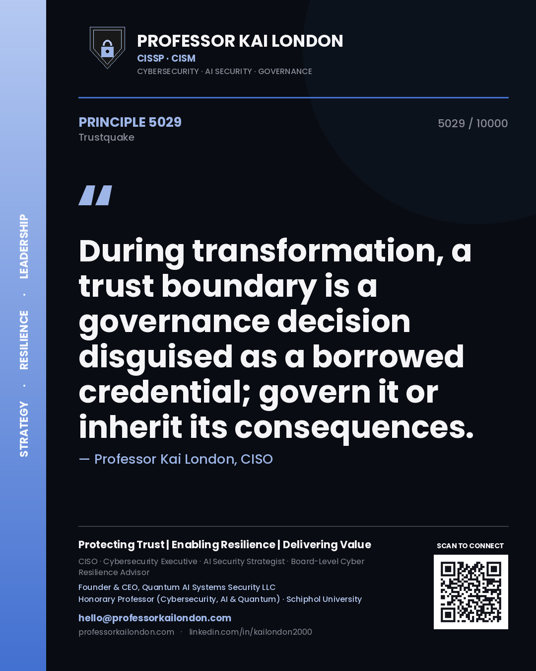 Quote card by Professor Kai London reading 'During transformation, a trust boundary is a governance decision disguised as a borrowed credential; govern it or inherit its consequences.'. From the book Trustquake.