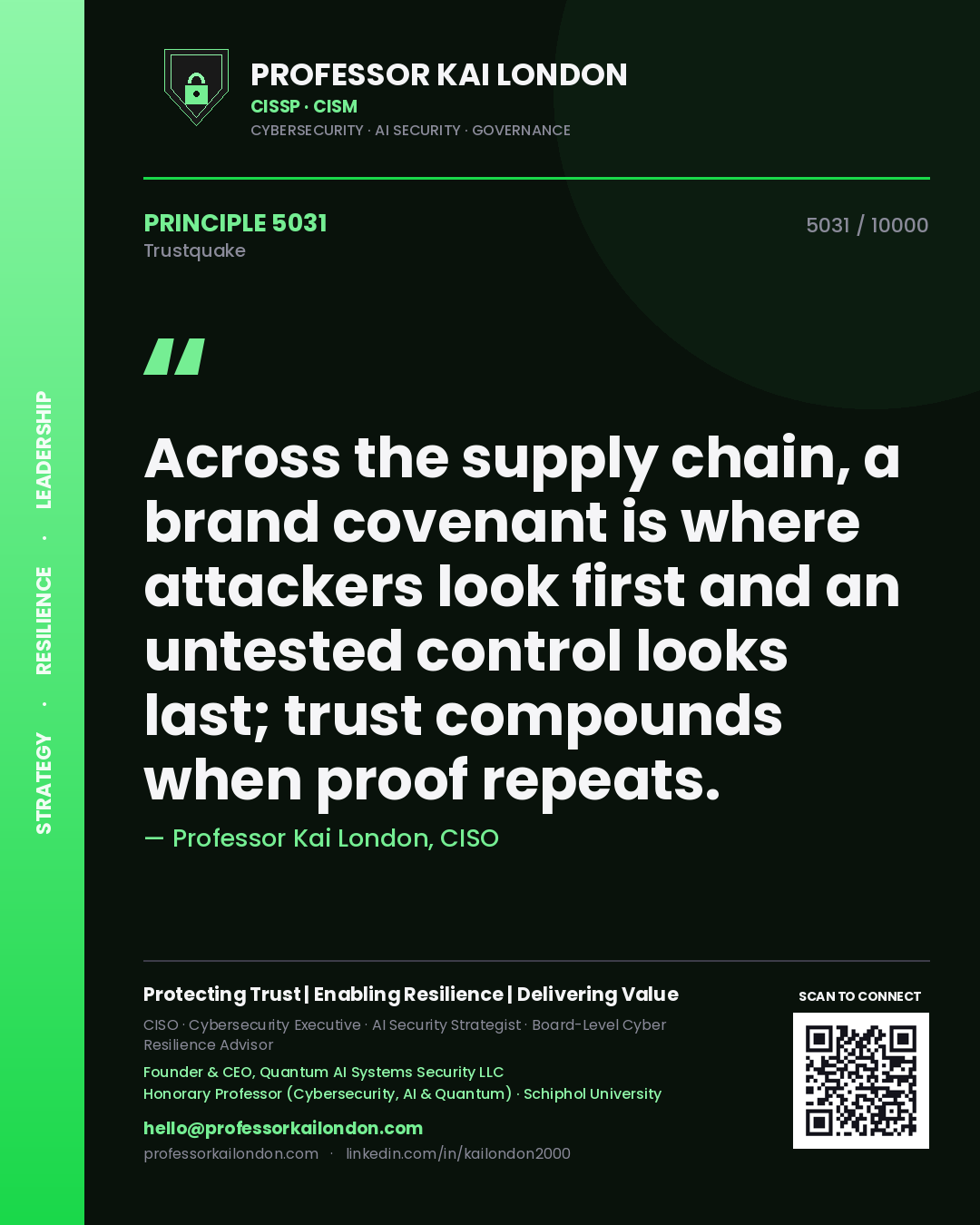 Professor Kai London principle 5031: Across the supply chain, a brand covenant is where attackers look first and an untested control looks last; trust compounds when proof repeats.