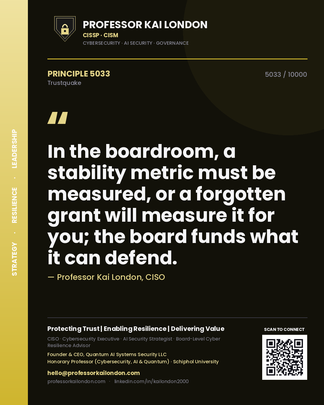 Quote card by Professor Kai London reading 'In the boardroom, a stability metric must be measured, or a forgotten grant will measure it for you; the board funds what it can defend.'. From the book Trustquake.