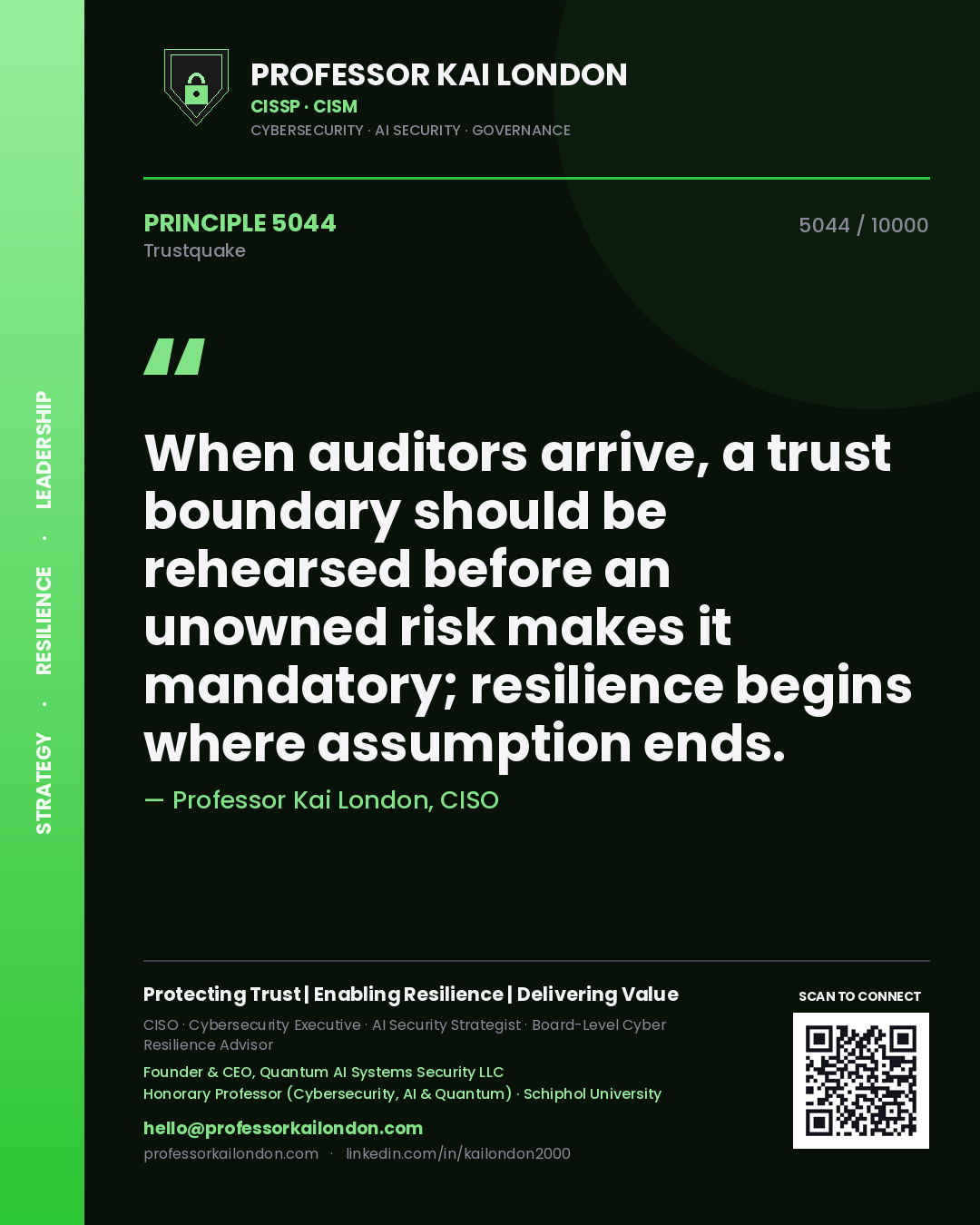Quote card by Professor Kai London reading 'When auditors arrive, a trust boundary should be rehearsed before an unowned risk makes it mandatory; resilience begins where assumption ends.'. From the book Trustquake.