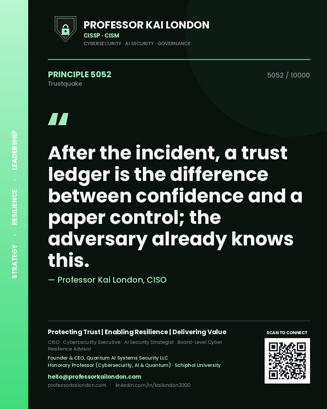 Quote card by Professor Kai London reading 'After the incident, a trust ledger is the difference between confidence and a paper control; the adversary already knows this.'. From the book Trustquake.