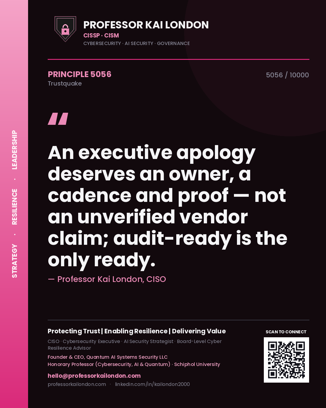 Quote card by Professor Kai London reading 'An executive apology deserves an owner, a cadence and proof — not an unverified vendor claim; audit-ready is the only ready.'. From the book Trustquake.