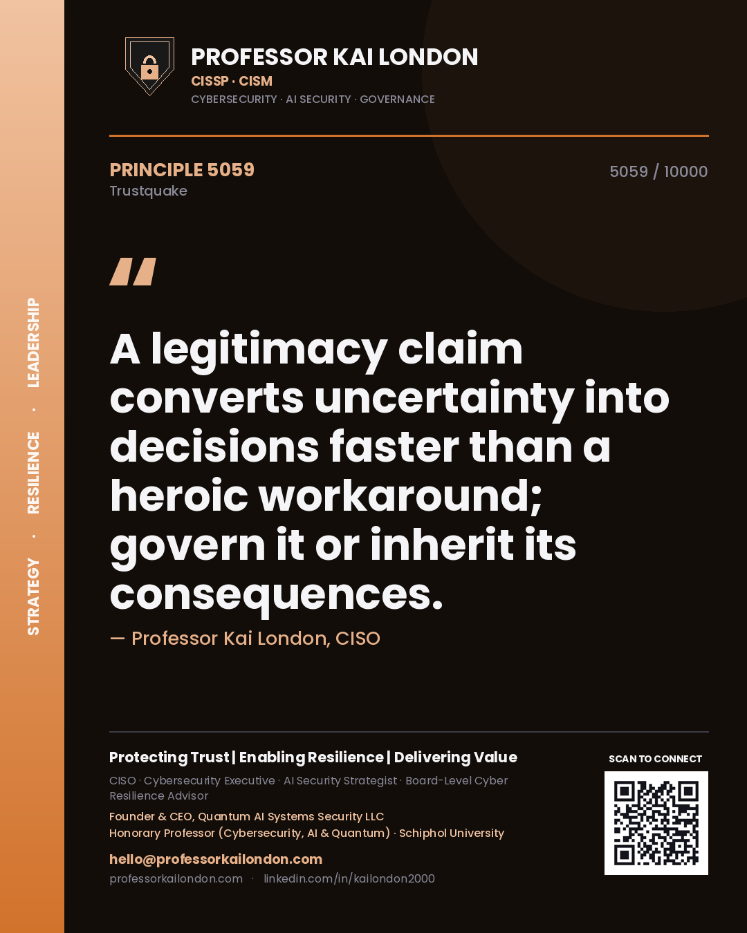 Quote card by Professor Kai London reading 'A legitimacy claim converts uncertainty into decisions faster than a heroic workaround; govern it or inherit its consequences.'. From the book Trustquake.
