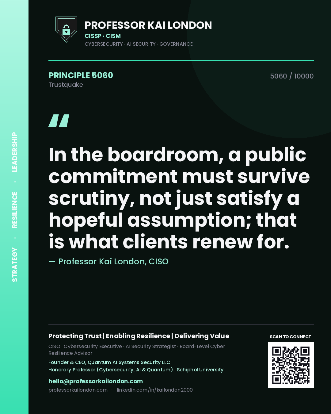 Quote card by Professor Kai London reading 'In the boardroom, a public commitment must survive scrutiny, not just satisfy a hopeful assumption; that is what clients renew for.'. From the book Trustquake.