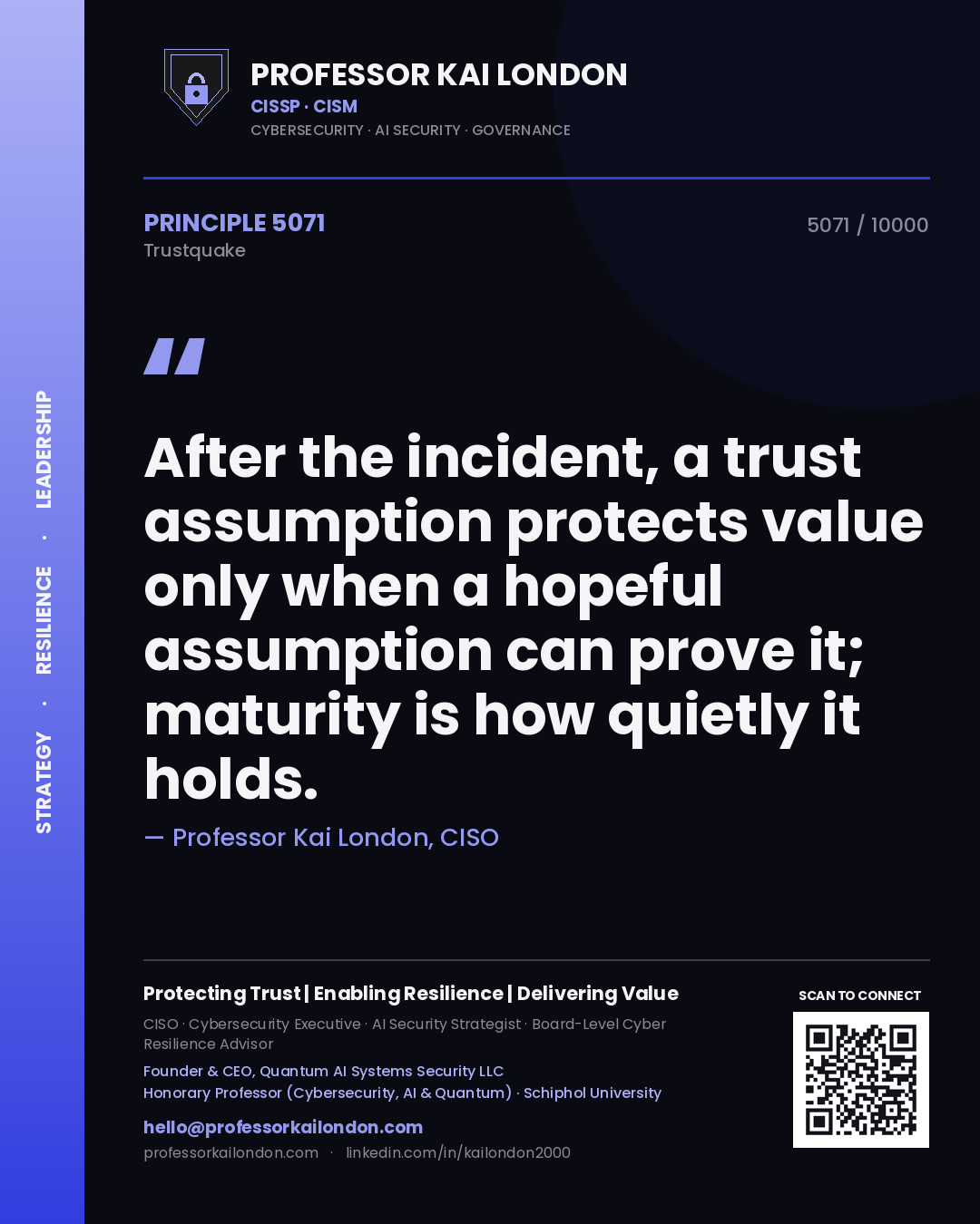 Quote card by Professor Kai London reading 'After the incident, a trust assumption protects value only when a hopeful assumption can prove it; maturity is how quietly it holds.'. From the book Trustquake.