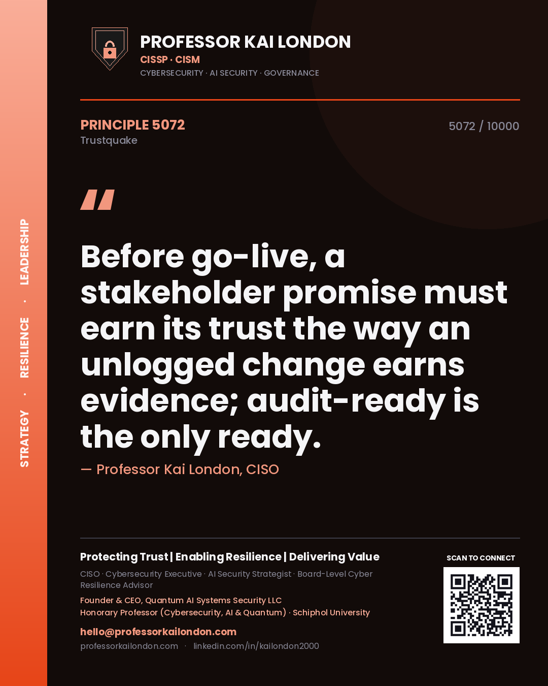Quote card by Professor Kai London reading 'Before go-live, a stakeholder promise must earn its trust the way an unlogged change earns evidence; audit-ready is the only ready.'. From the book Trustquake.