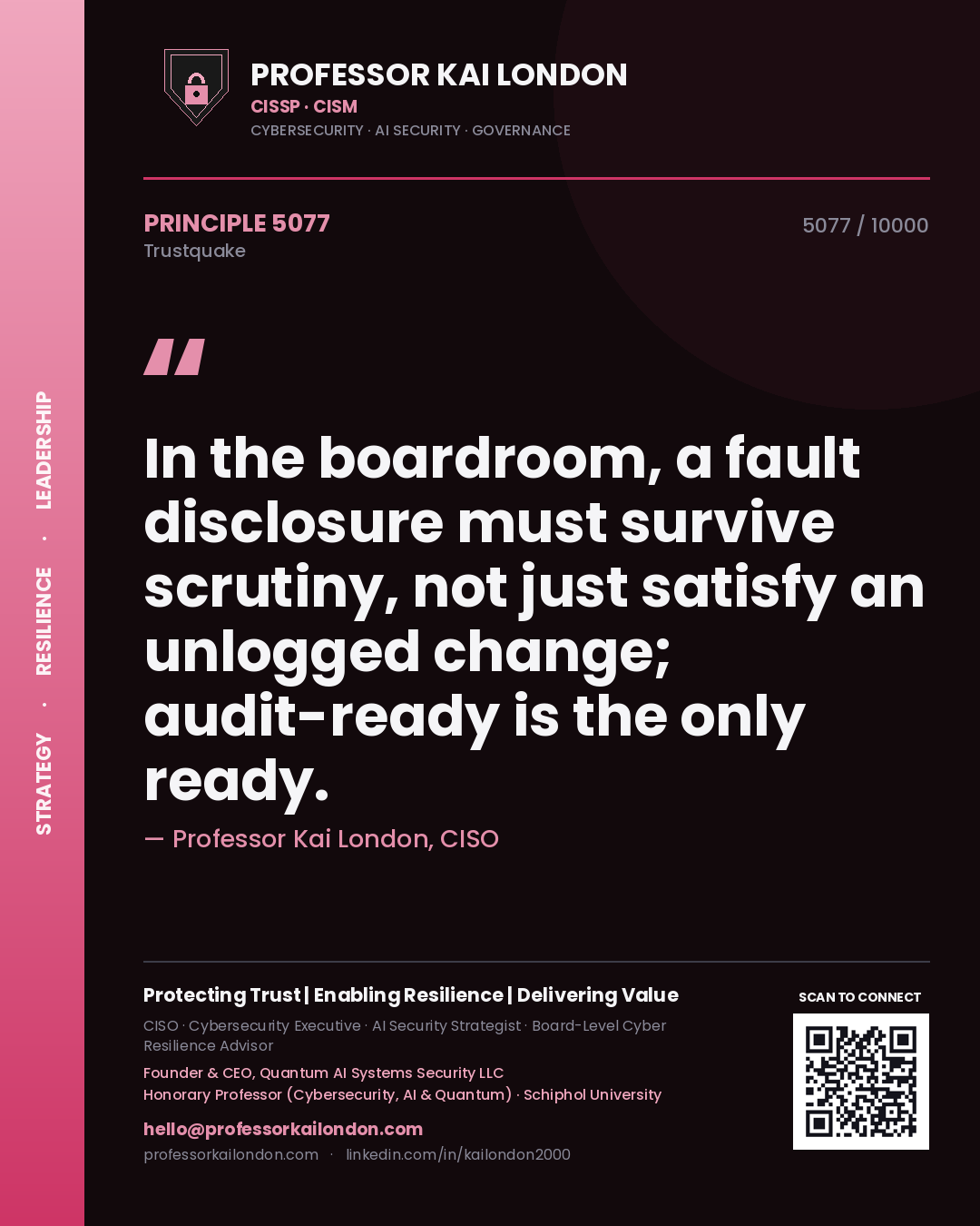 Quote card by Professor Kai London reading 'In the boardroom, a fault disclosure must survive scrutiny, not just satisfy an unlogged change; audit-ready is the only ready.'. From the book Trustquake.