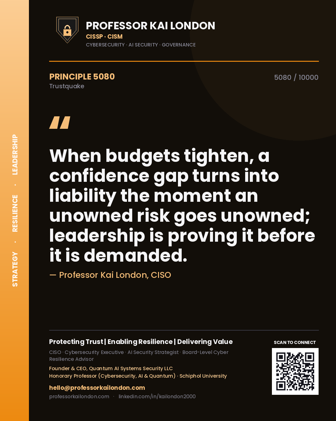 Quote card by Professor Kai London reading 'When budgets tighten, a confidence gap turns into liability the moment an unowned risk goes unowned; leadership is proving it before it is demanded.'. From the book Trustquake.