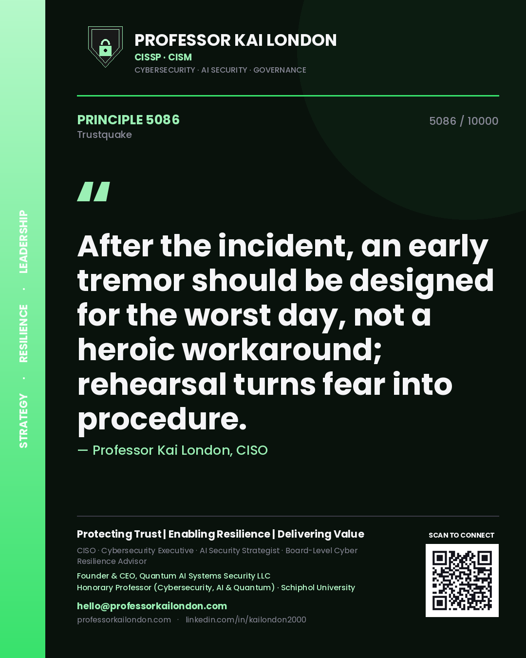 Quote card by Professor Kai London reading 'After the incident, an early tremor should be designed for the worst day, not a heroic workaround; rehearsal turns fear into procedure.'. From the book Trustquake.