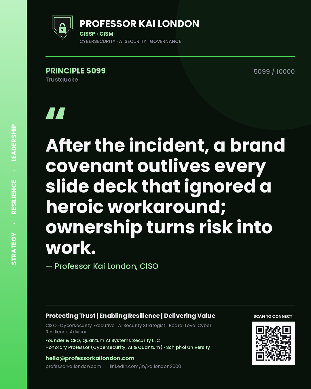 Quote card by Professor Kai London reading 'After the incident, a brand covenant outlives every slide deck that ignored a heroic workaround; ownership turns risk into work.'. From the book Trustquake.