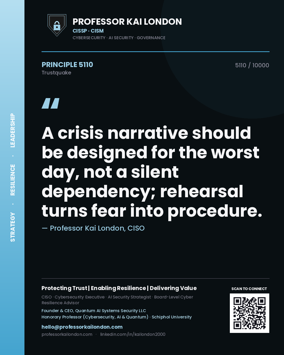 Professor Kai London principle 5110: A crisis narrative should be designed for the worst day, not a silent dependency; rehearsal turns fear into procedure.