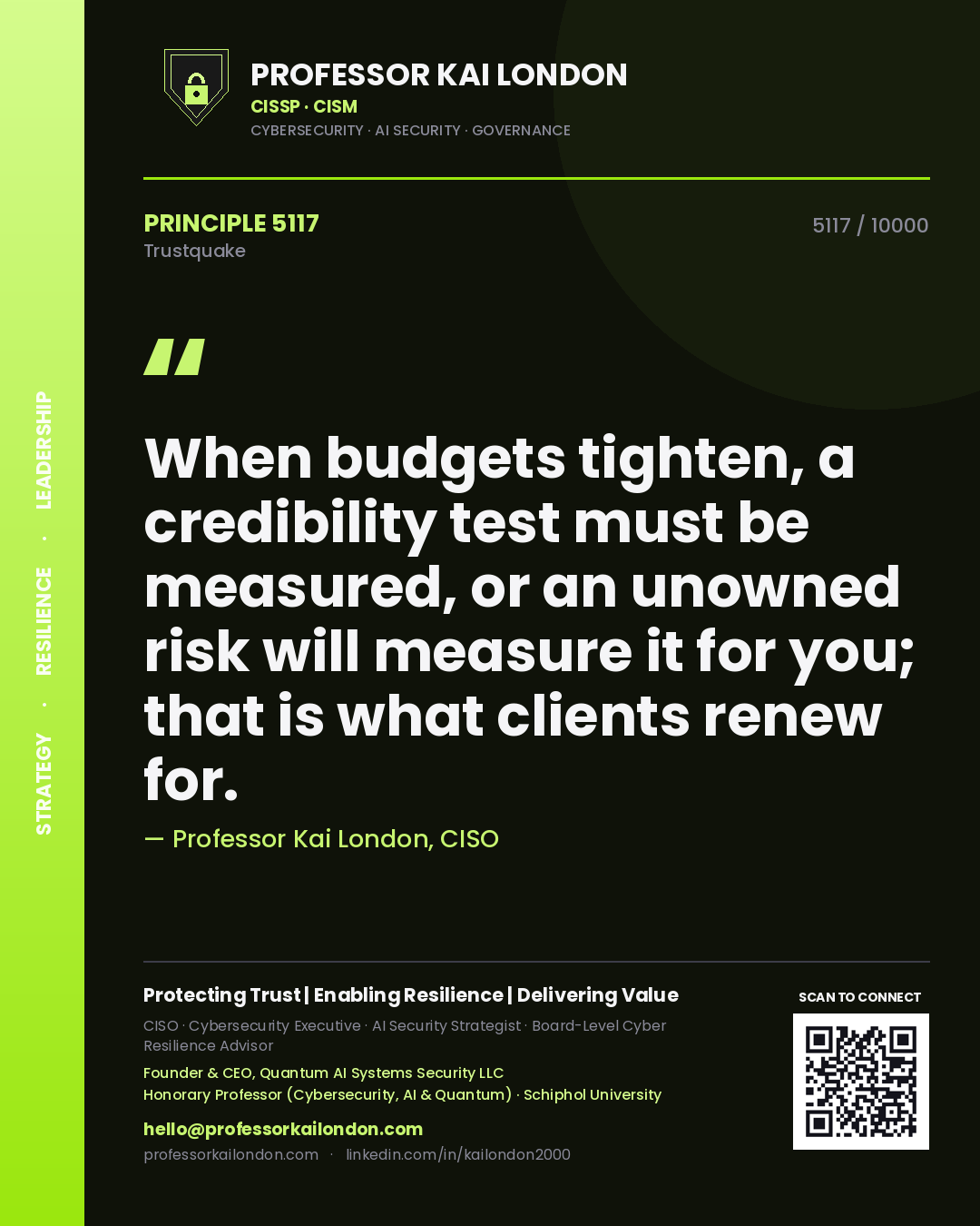 Professor Kai London principle 5117: When budgets tighten, a credibility test must be measured, or an unowned risk will measure it for you; that is what clients renew for.