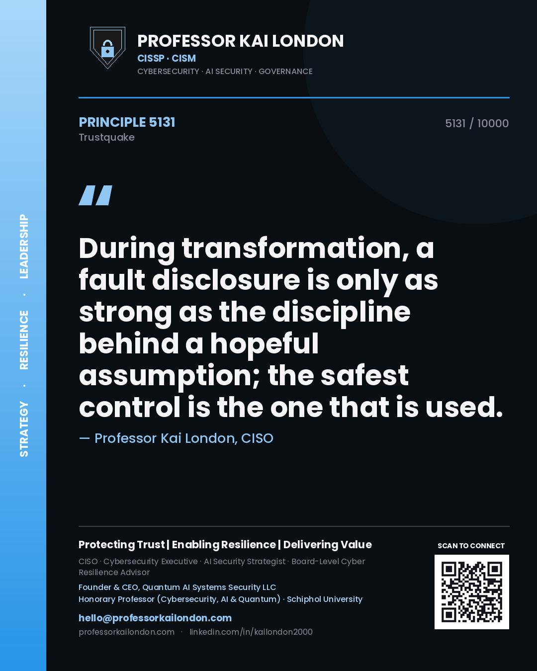 Professor Kai London principle 5131: During transformation, a fault disclosure is only as strong as the discipline behind a hopeful assumption; the safest control is the one that is used.