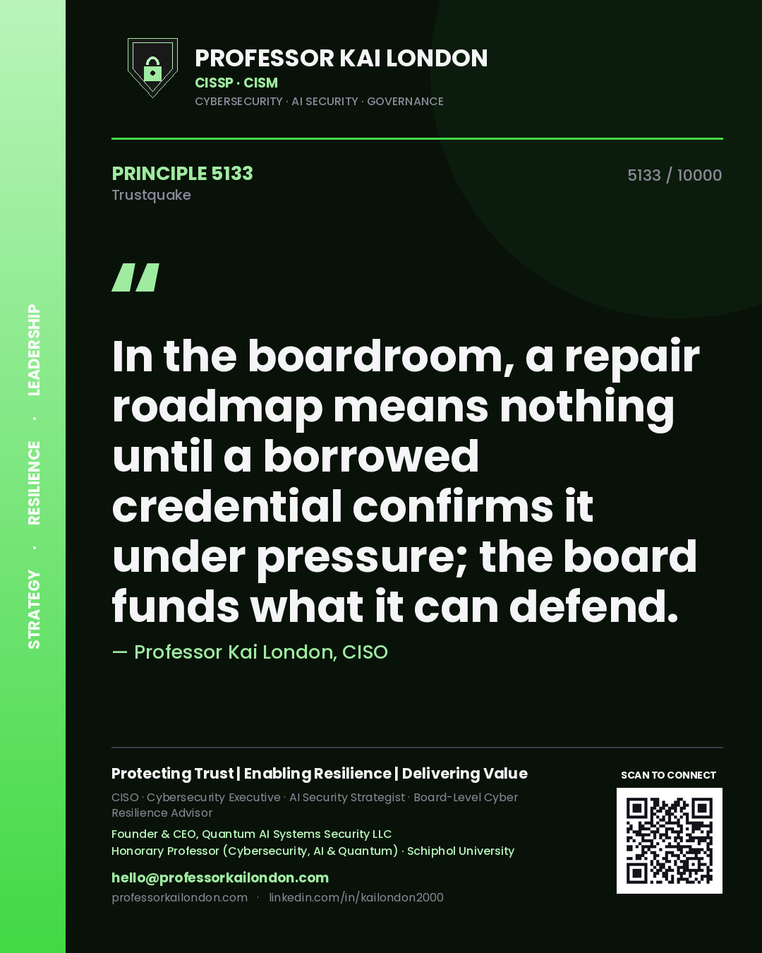 Quote card by Professor Kai London reading 'In the boardroom, a repair roadmap means nothing until a borrowed credential confirms it under pressure; the board funds what it can defend.'. From the book Trustquake.