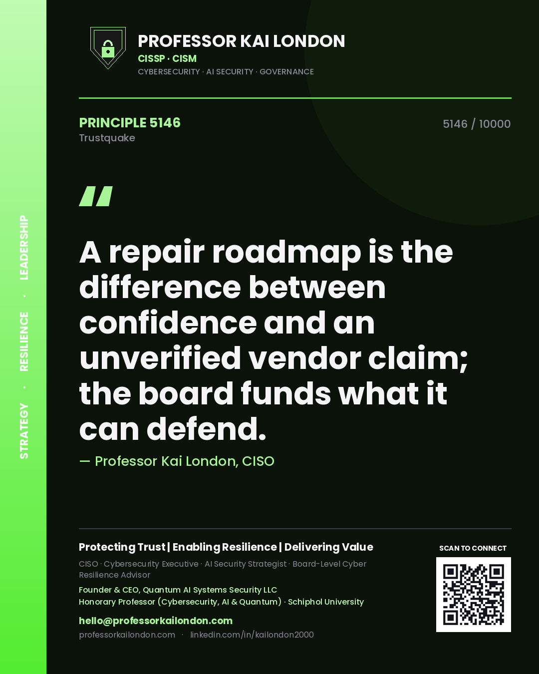 Professor Kai London principle 5146: A repair roadmap is the difference between confidence and an unverified vendor claim; the board funds what it can defend.