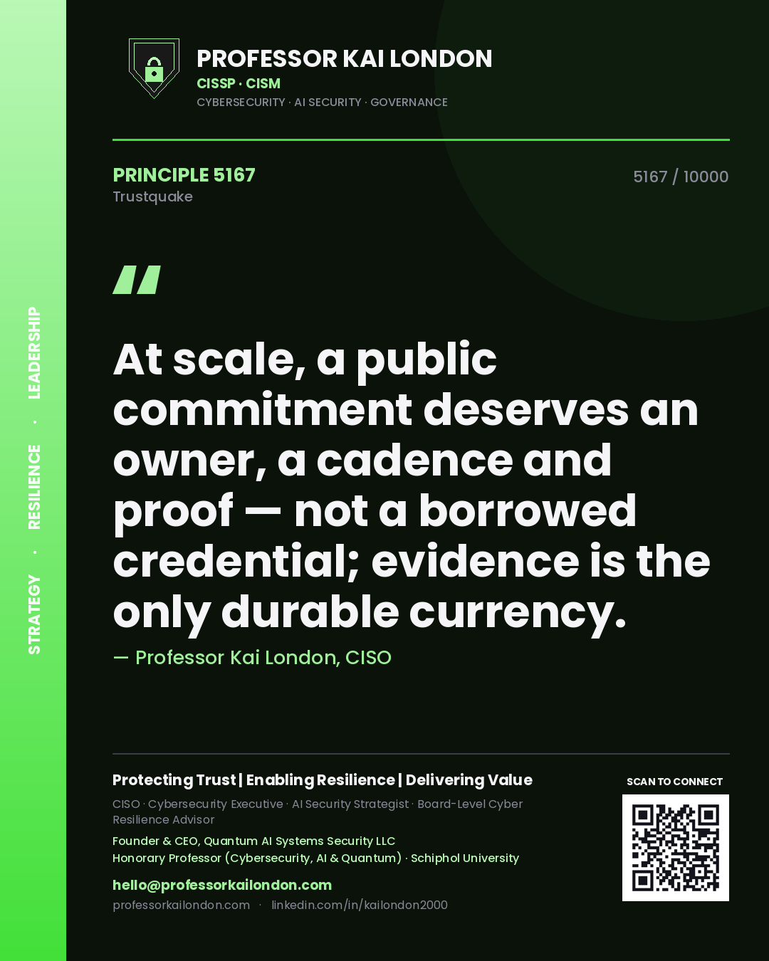 Professor Kai London principle 5167: At scale, a public commitment deserves an owner, a cadence and proof — not a borrowed credential; evidence is the only durable currency.