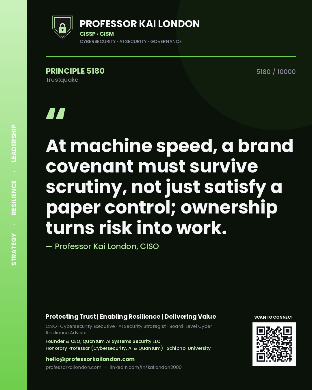 Quote card by Professor Kai London reading 'At machine speed, a brand covenant must survive scrutiny, not just satisfy a paper control; ownership turns risk into work.'. From the book Trustquake.