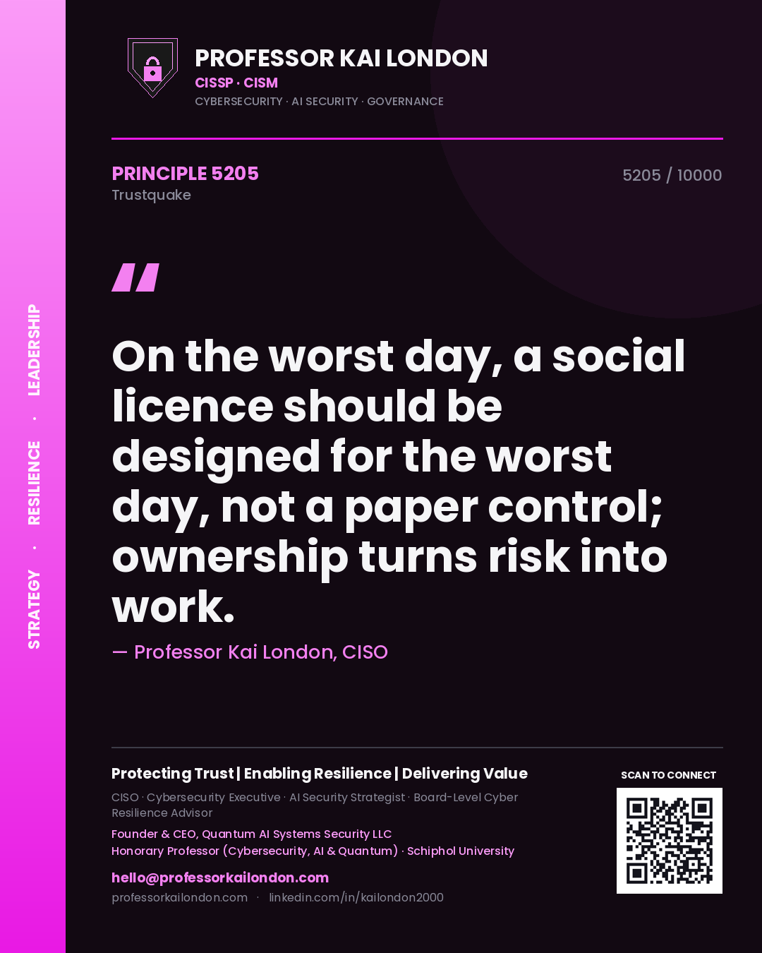 Quote card by Professor Kai London reading 'On the worst day, a social licence should be designed for the worst day, not a paper control; ownership turns risk into work.'. From the book Trustquake.