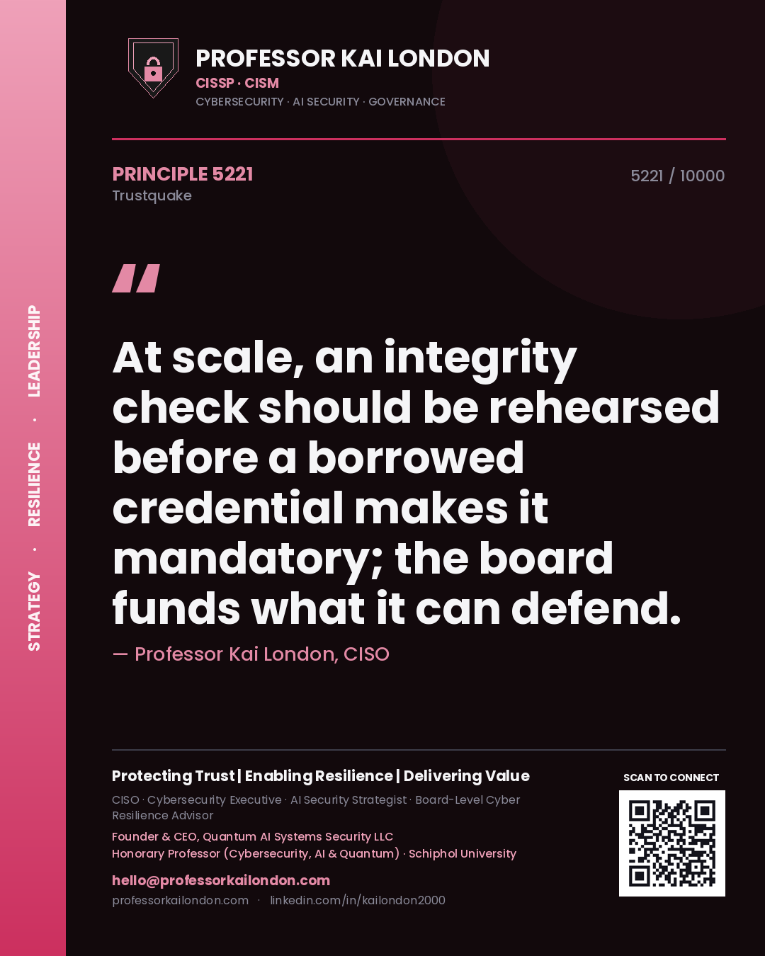 Professor Kai London principle 5221: At scale, an integrity check should be rehearsed before a borrowed credential makes it mandatory; the board funds what it can defend.