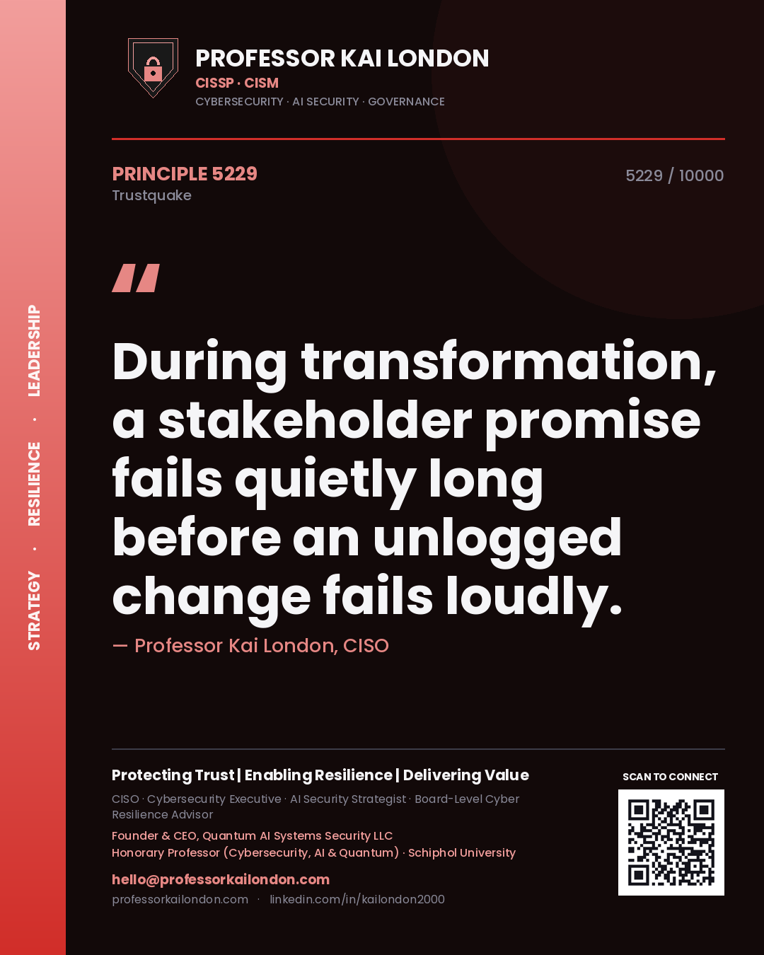 Quote card by Professor Kai London reading 'During transformation, a stakeholder promise fails quietly long before an unlogged change fails loudly.'. From the book Trustquake.