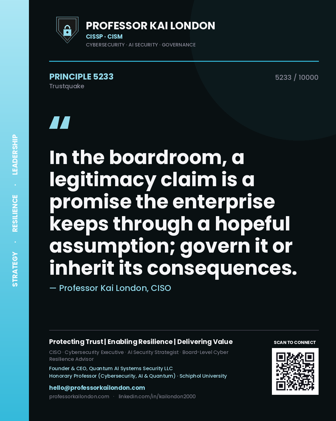 Professor Kai London principle 5233: In the boardroom, a legitimacy claim is a promise the enterprise keeps through a hopeful assumption; govern it or inherit its consequences.