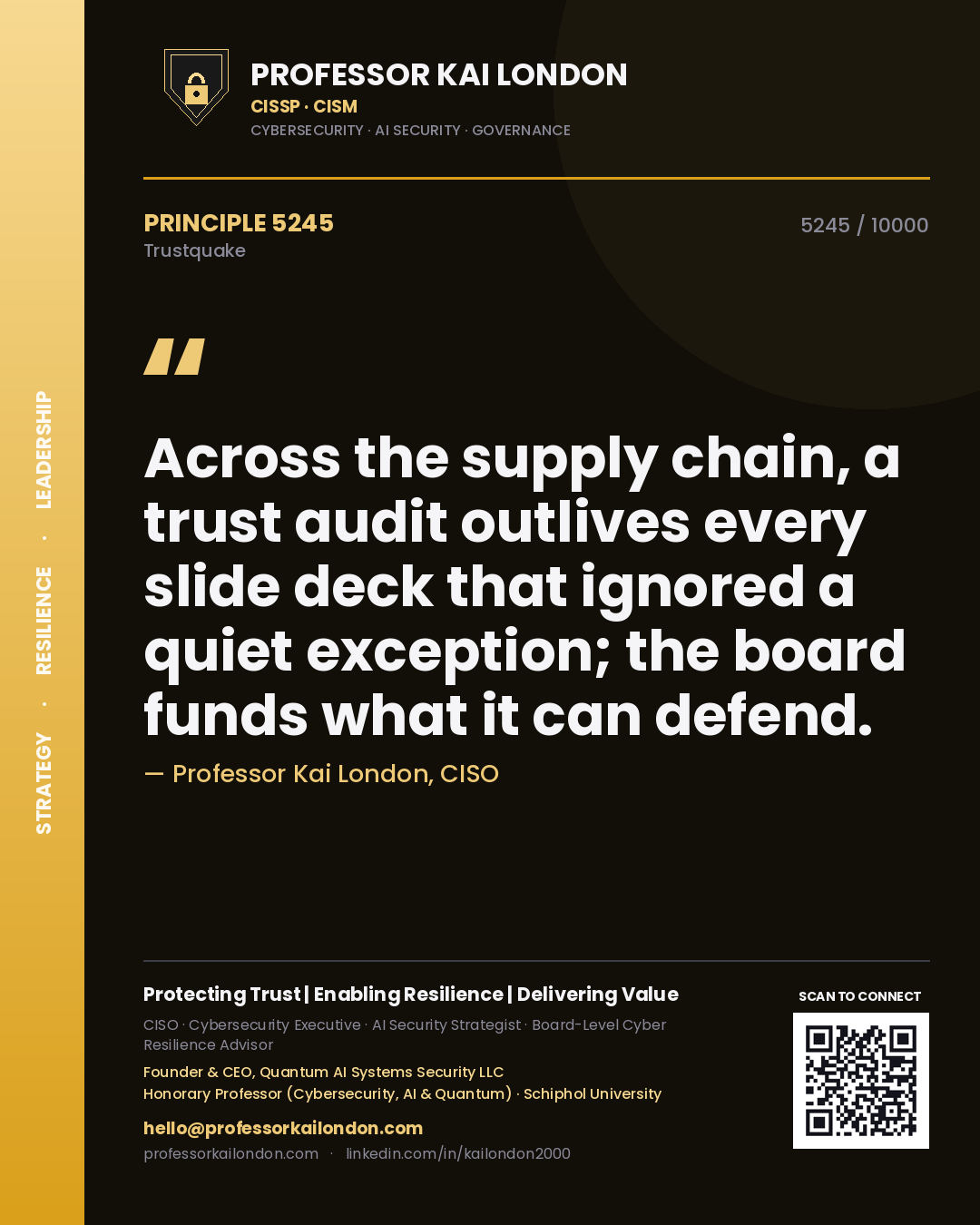 Professor Kai London principle 5245: Across the supply chain, a trust audit outlives every slide deck that ignored a quiet exception; the board funds what it can defend.