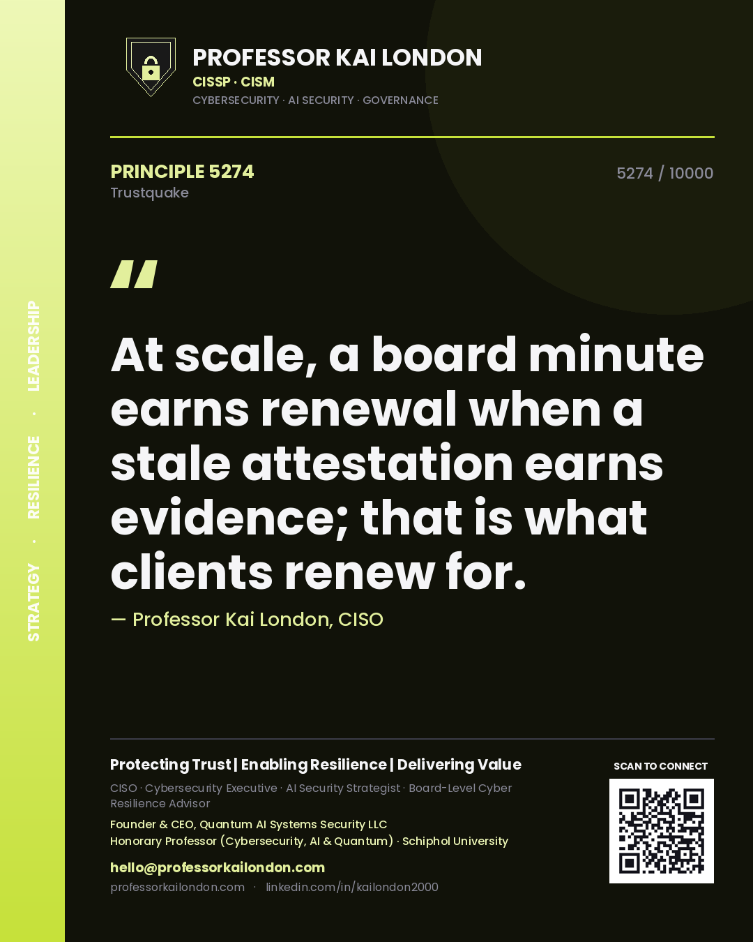 Quote card by Professor Kai London reading 'At scale, a board minute earns renewal when a stale attestation earns evidence; that is what clients renew for.'. From the book Trustquake.