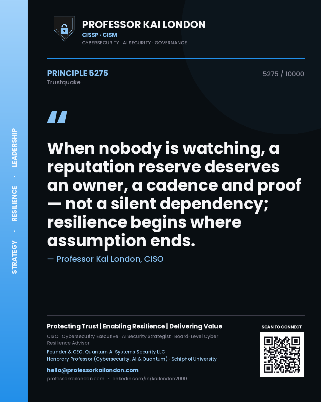 Quote card by Professor Kai London reading 'When nobody is watching, a reputation reserve deserves an owner, a cadence and proof — not a silent dependency; resilience begins where assumption ends.'. From the book Trustquake.