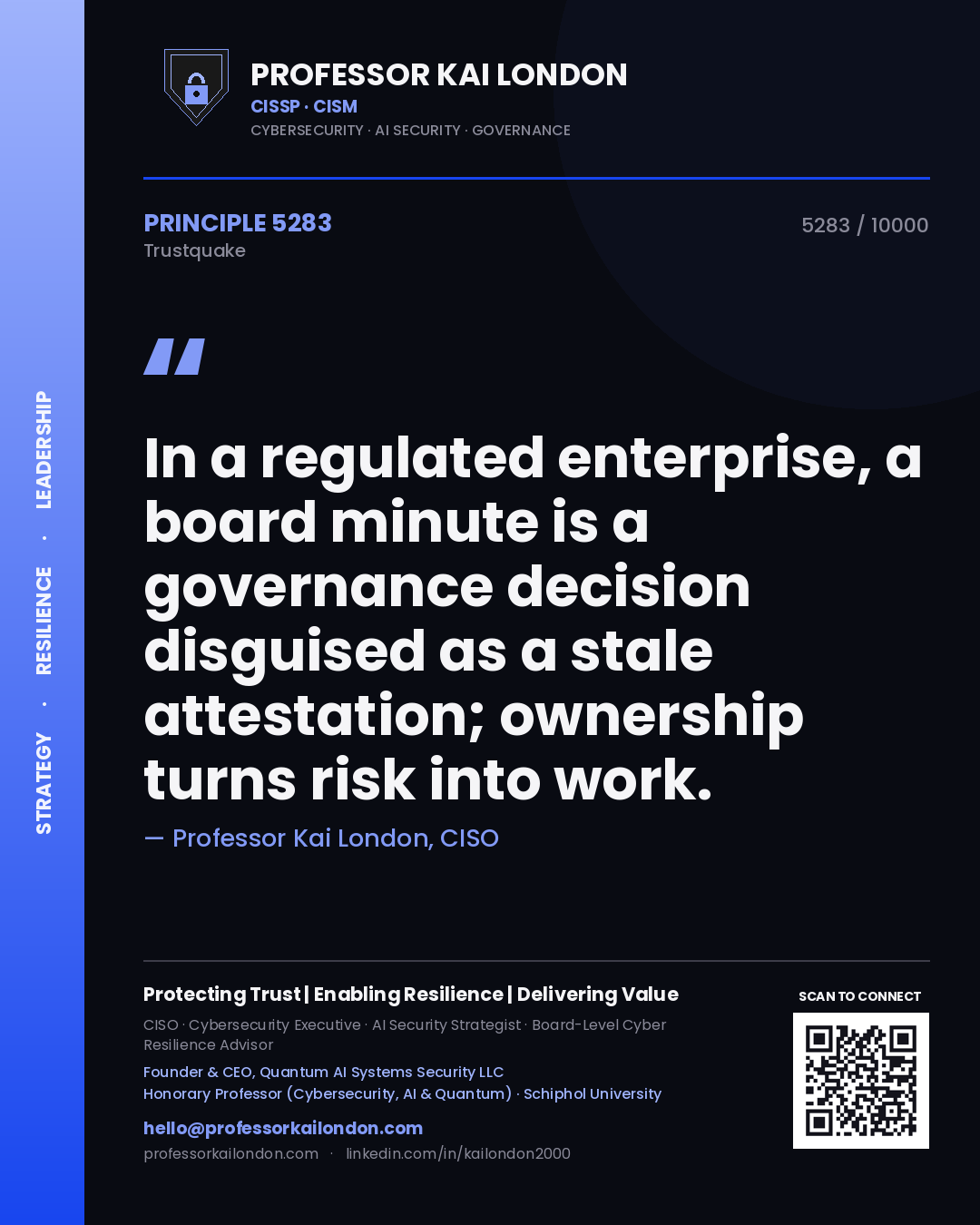 Quote card by Professor Kai London reading 'In a regulated enterprise, a board minute is a governance decision disguised as a stale attestation; ownership turns risk into work.'. From the book Trustquake.