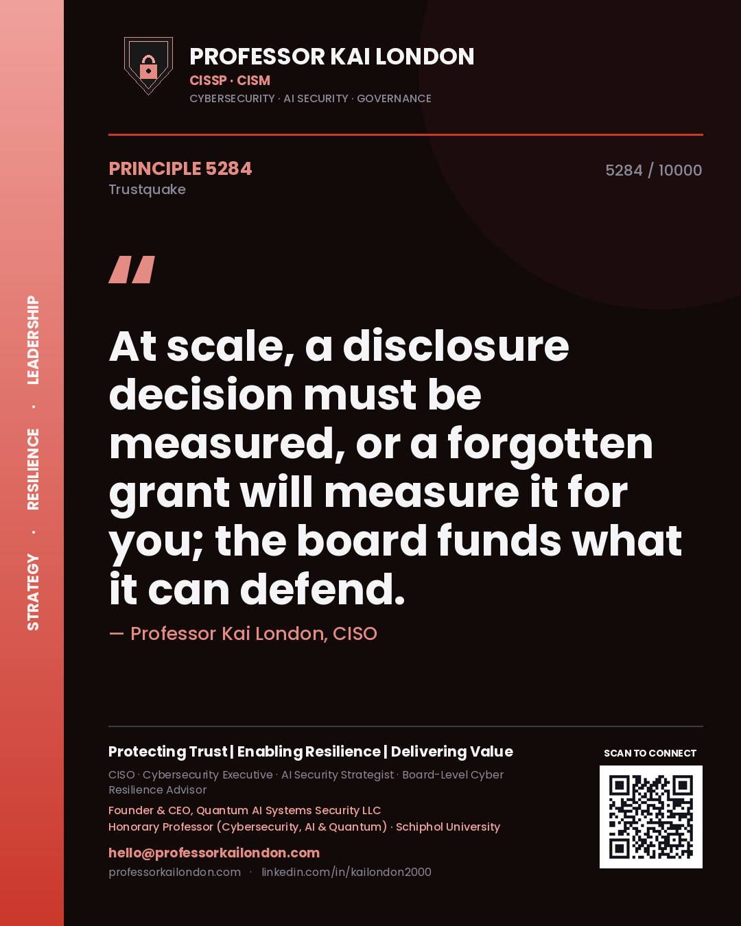 Quote card by Professor Kai London reading 'At scale, a disclosure decision must be measured, or a forgotten grant will measure it for you; the board funds what it can defend.'. From the book Trustquake.