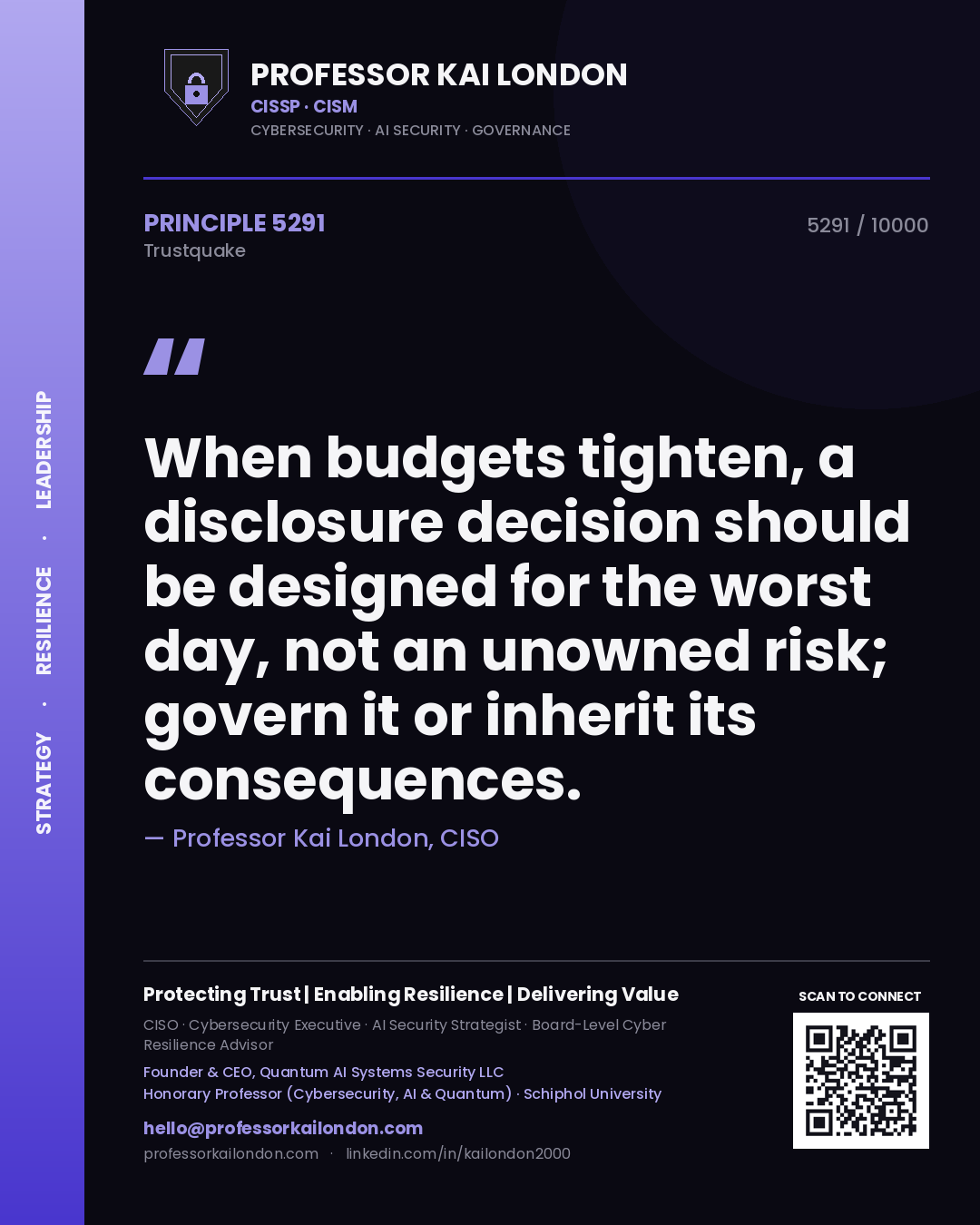 Professor Kai London principle 5291: When budgets tighten, a disclosure decision should be designed for the worst day, not an unowned risk; govern it or inherit its consequences.