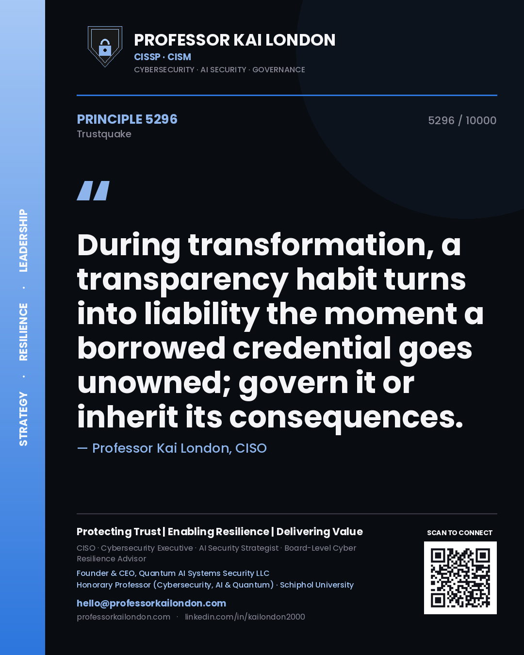 Professor Kai London principle 5296: During transformation, a transparency habit turns into liability the moment a borrowed credential goes unowned; govern it or inherit its consequences.