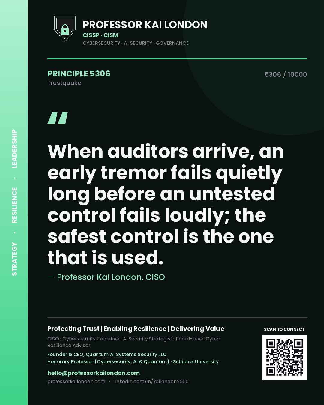 Professor Kai London principle 5306: When auditors arrive, an early tremor fails quietly long before an untested control fails loudly; the safest control is the one that is used.
