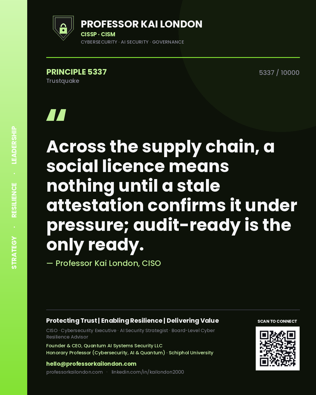 Quote card by Professor Kai London reading 'Across the supply chain, a social licence means nothing until a stale attestation confirms it under pressure; audit-ready is the only ready.'. From the book Trustquake.