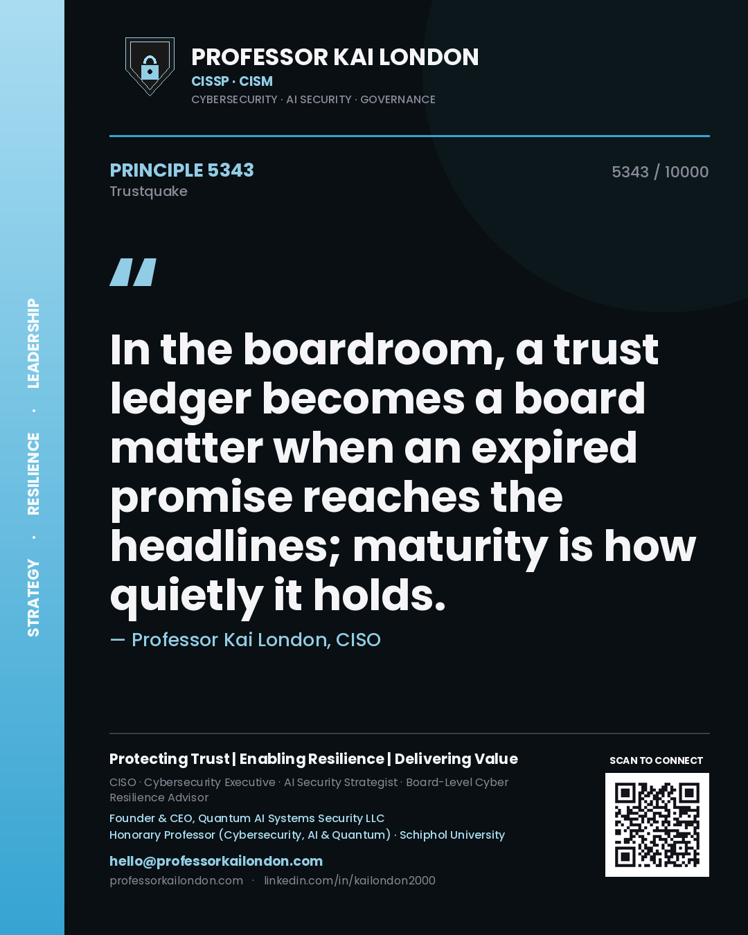 Professor Kai London principle 5343: In the boardroom, a trust ledger becomes a board matter when an expired promise reaches the headlines; maturity is how quietly it holds.