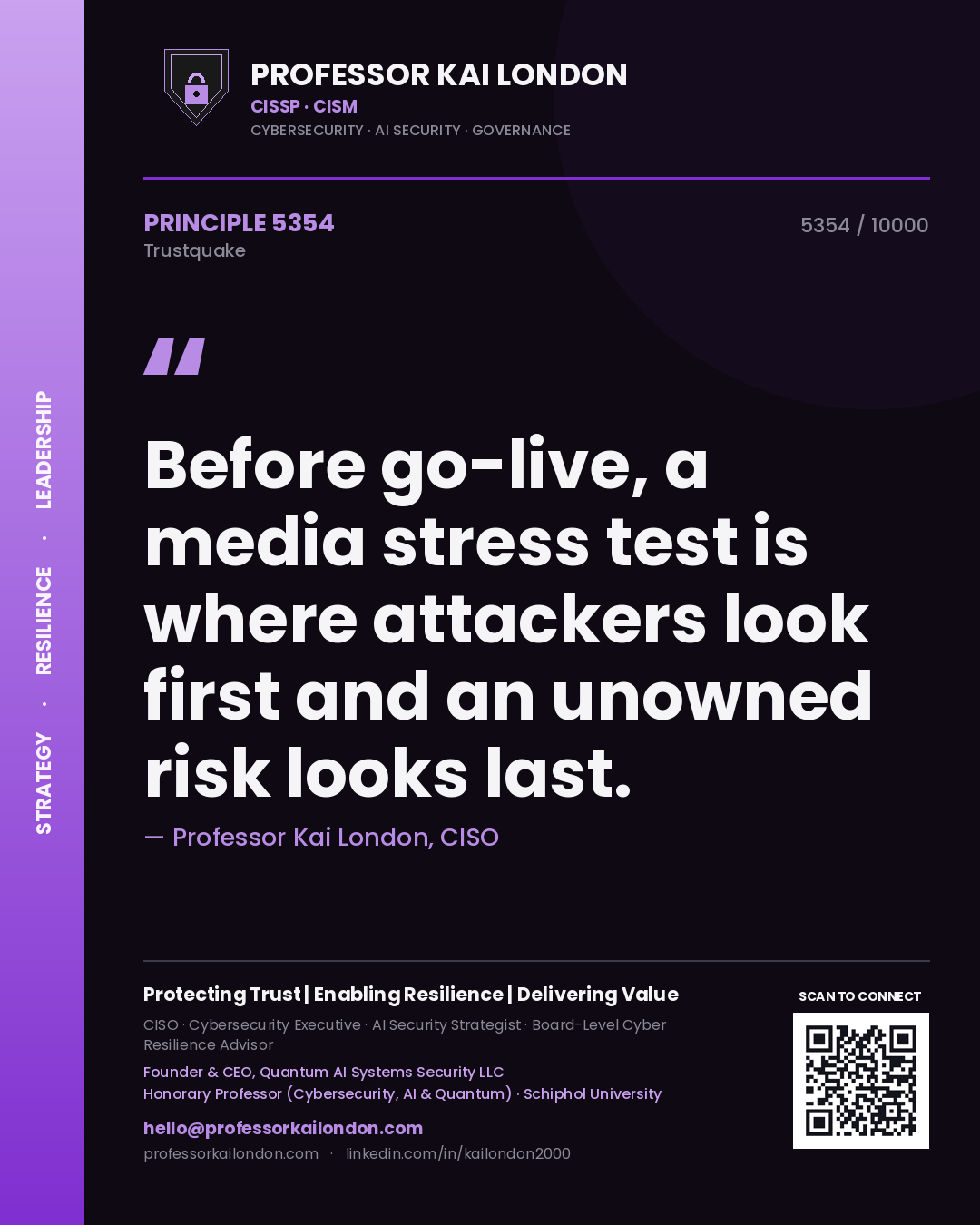 Quote card by Professor Kai London reading 'Before go-live, a media stress test is where attackers look first and an unowned risk looks last.'. From the book Trustquake.