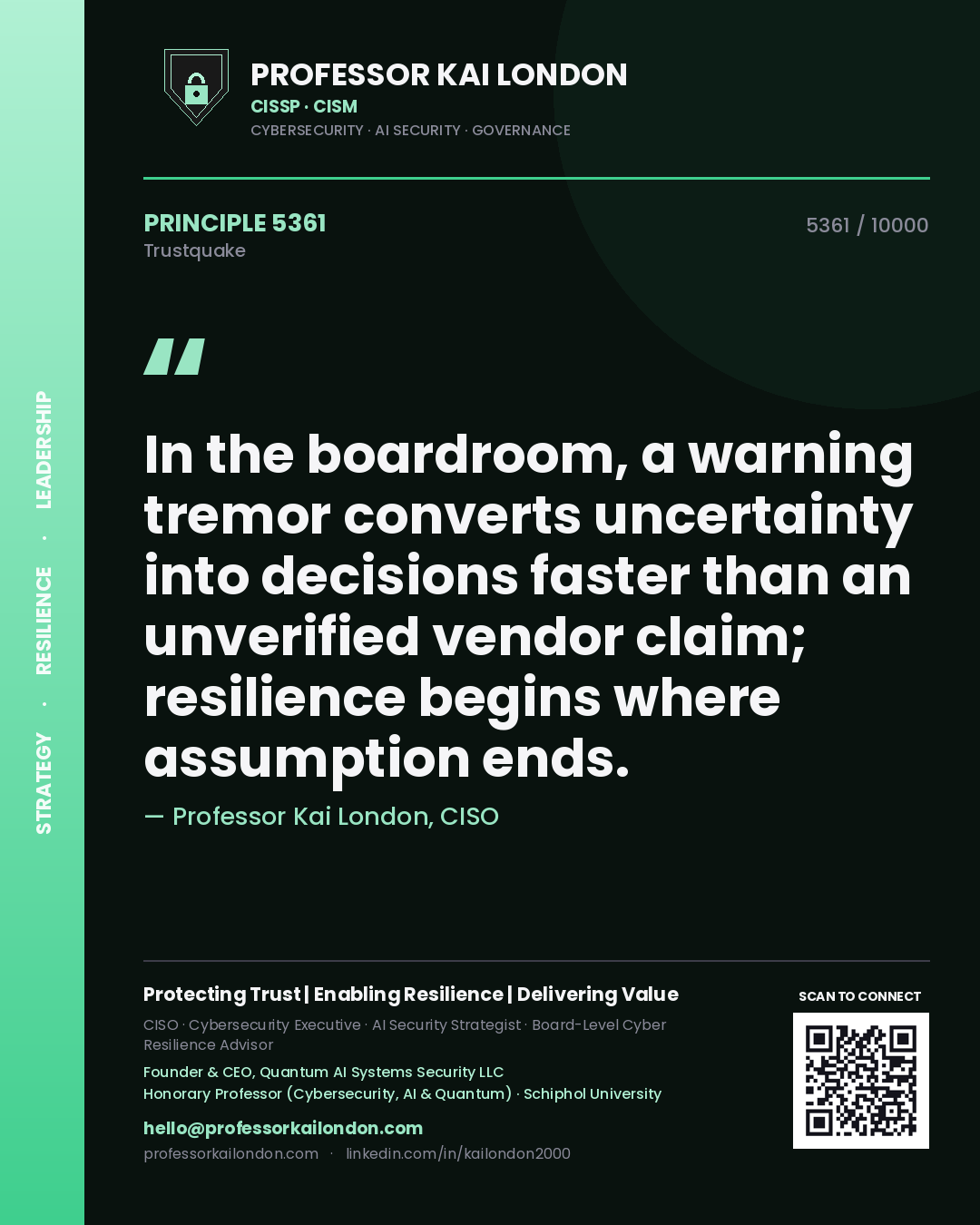 Professor Kai London principle 5361: In the boardroom, a warning tremor converts uncertainty into decisions faster than an unverified vendor claim; resilience begins where assumption ends.